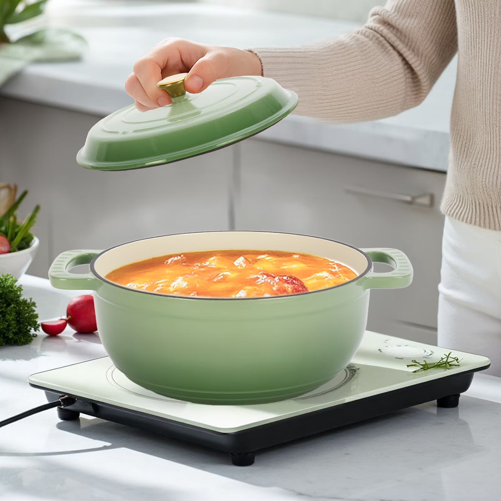 5-quart enameled cast iron Dutch oven with frying lid and heat-resistant, shatter-resistant handles, perfect for stewing, baking, searing, and grilling. green