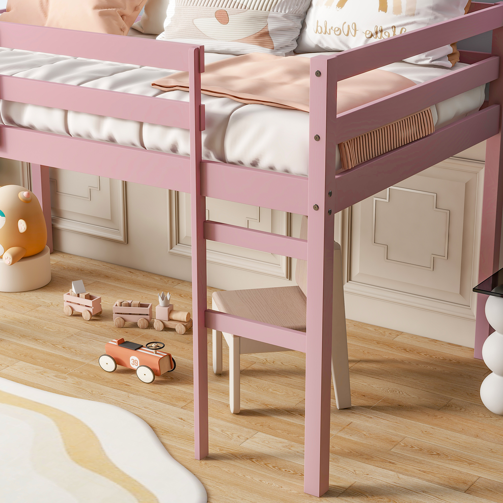 PAPROOS Twin Loft Bed with Ladder, Low Height Solid Wood Loft Bed Frame, Loft Bed with Guardrails and Storage Space Underneath, No Box Spring Needed, Pink