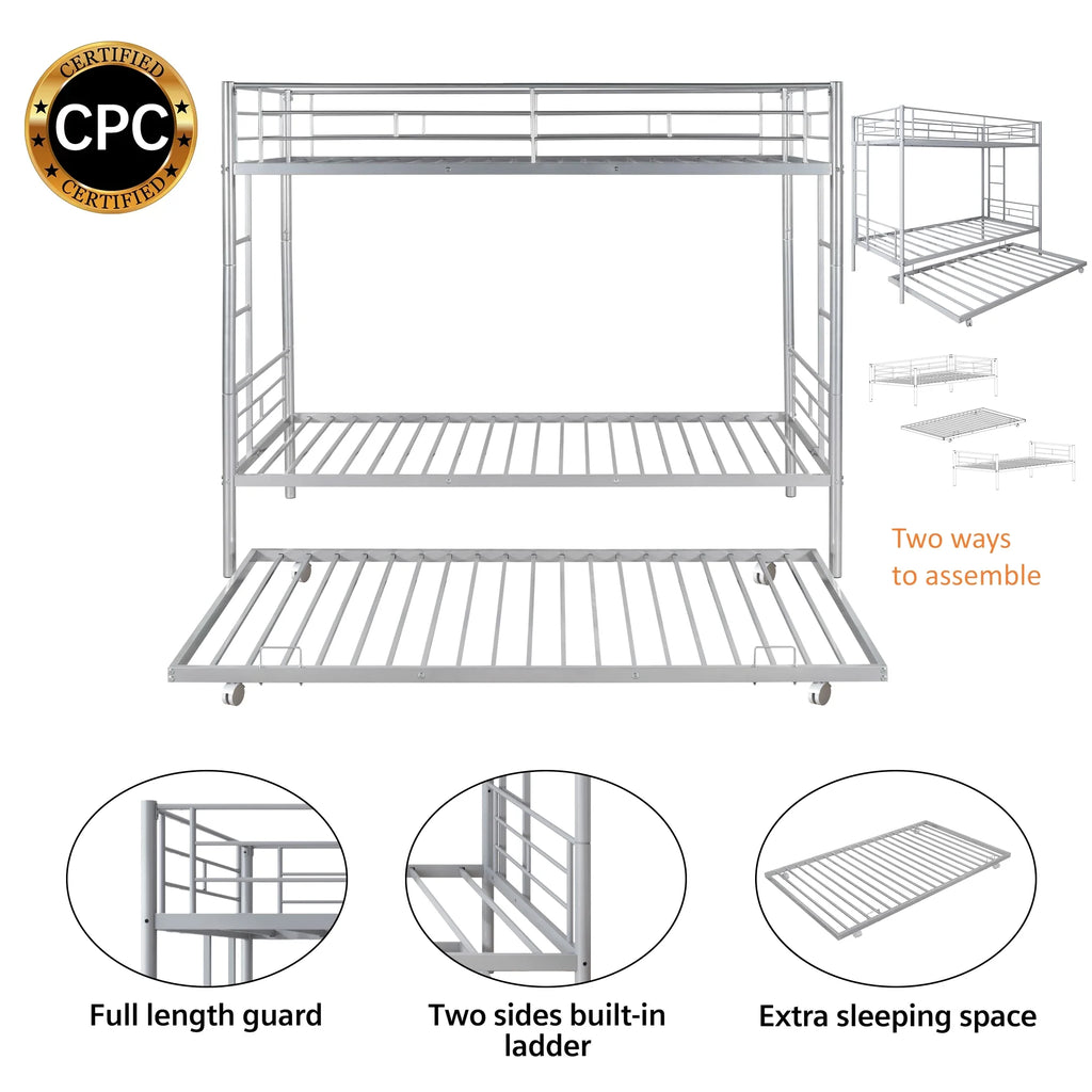 Enyopro Bunkbed with Roll Out Trundle Bed Frame, Metal Bunk Bed can be Divided into Two Twin Beds, Trundle Twin Bunk Bed with Ladders and Guardrails for Guest Room, Space Saving Bedroom Furniture