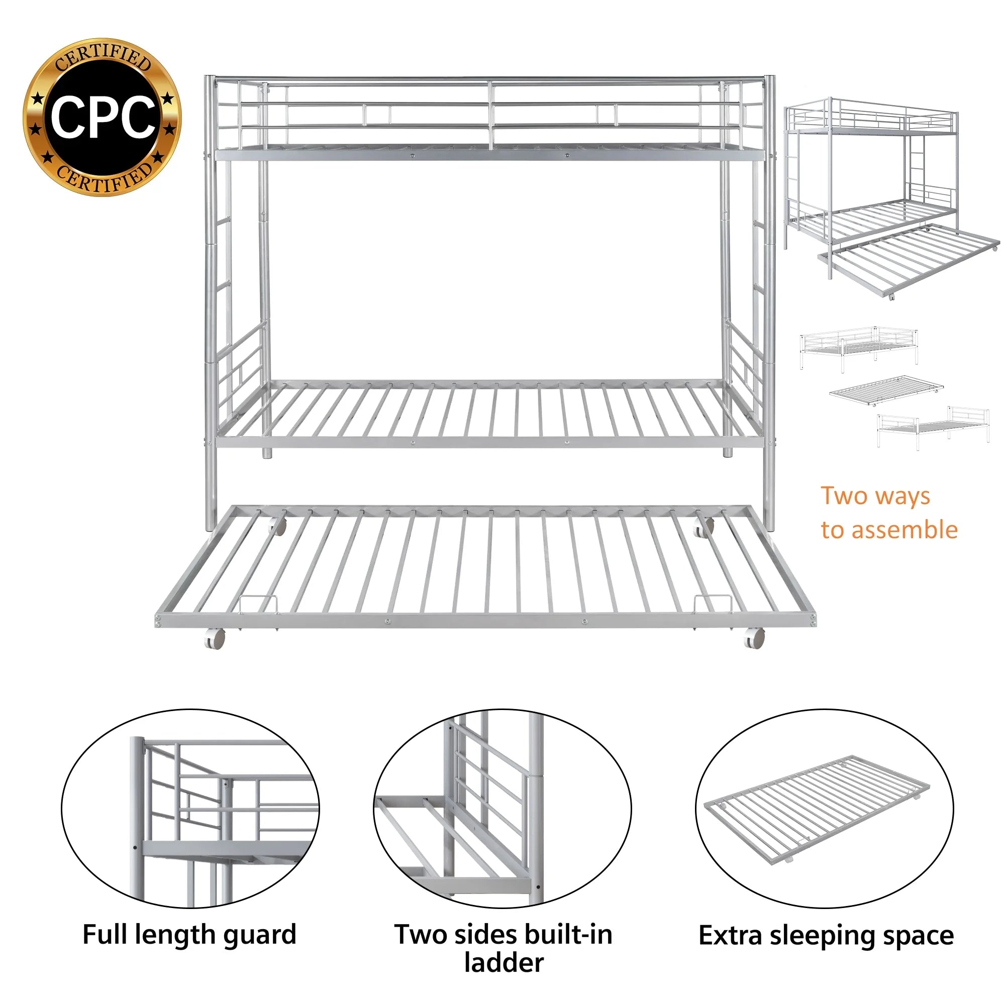 Enyopro Bunkbed with Roll Out Trundle Bed Frame, Metal Bunk Bed can be Divided into Two Twin Beds, Trundle Twin Bunk Bed with Ladders and Guardrails for Guest Room, Space Saving Bedroom Furniture