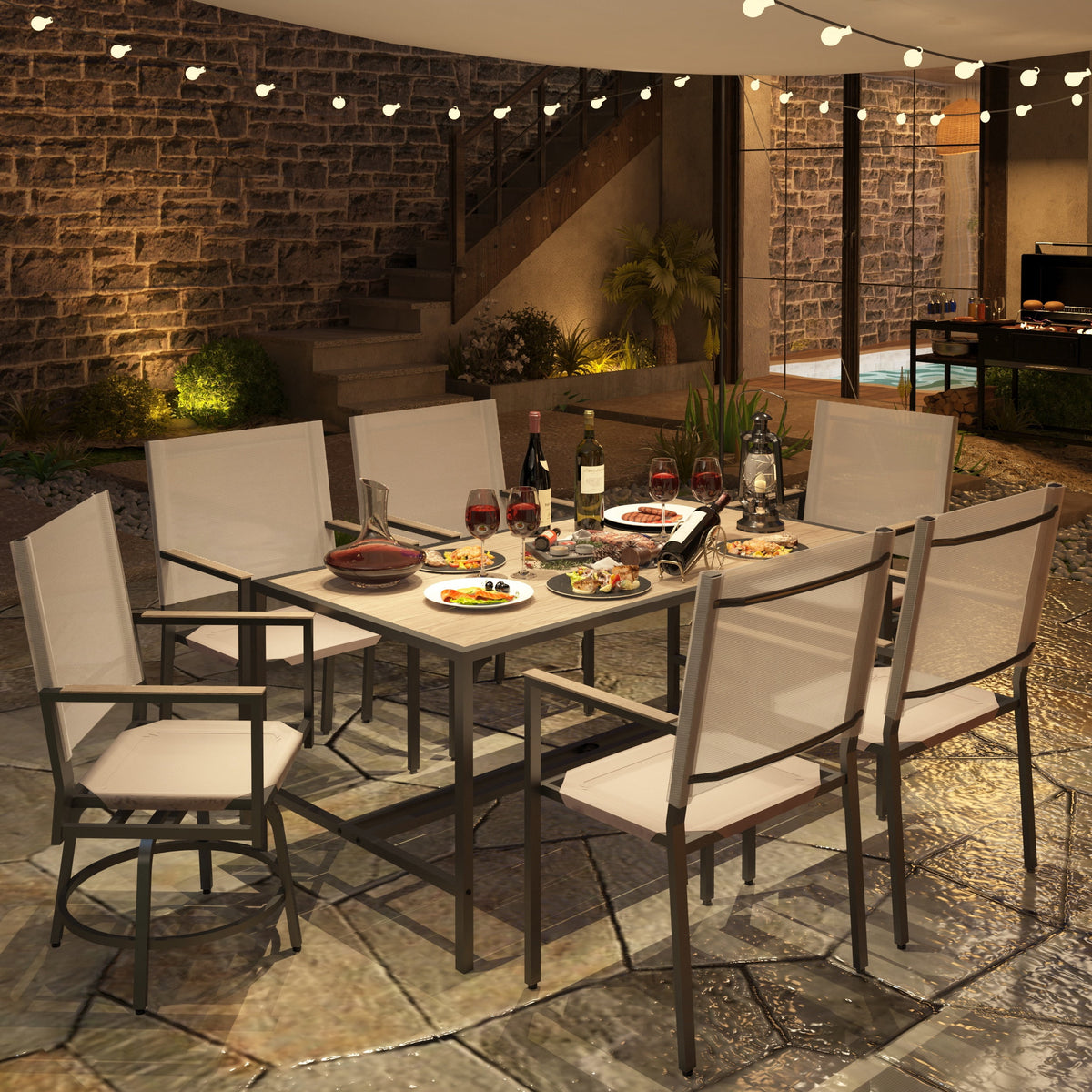 Enyopro 7 Piece Patio Dining Set, Metal Outdoor Dining Set Swivel Chairs, All-Weather Patio Dining Furniture Sets for Backyard, Bistro, PoolSide
