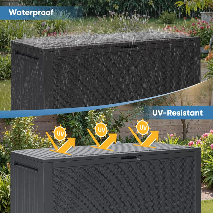 90 GALLON Deck Box, Outdoor Plastic Waterproof Storage Box Bench, Indoor Storage Bin Container for Patio Cushions, Garden Tools and Pool Toys, Gray