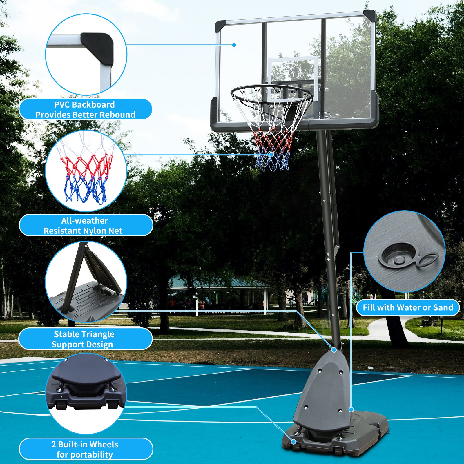 Portable Basketball Hoop Outdoor for Kids and Adults, 7.5-10ft Adjustable Basketball Hoop Goals Systems with Shatterproof Backboard, Larger Base, Segmart 44 Inch Basketball Hoop with Rebounder, Patio