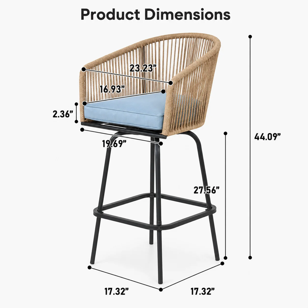 Outdoor Swivel Bar Stools Set of 4, Counter Height Wicker Patio Bar Chairs with Backs, Armrests, Cushions and Footrests, All-Weather Rattan Seating for Poolside, Deck and Balcony