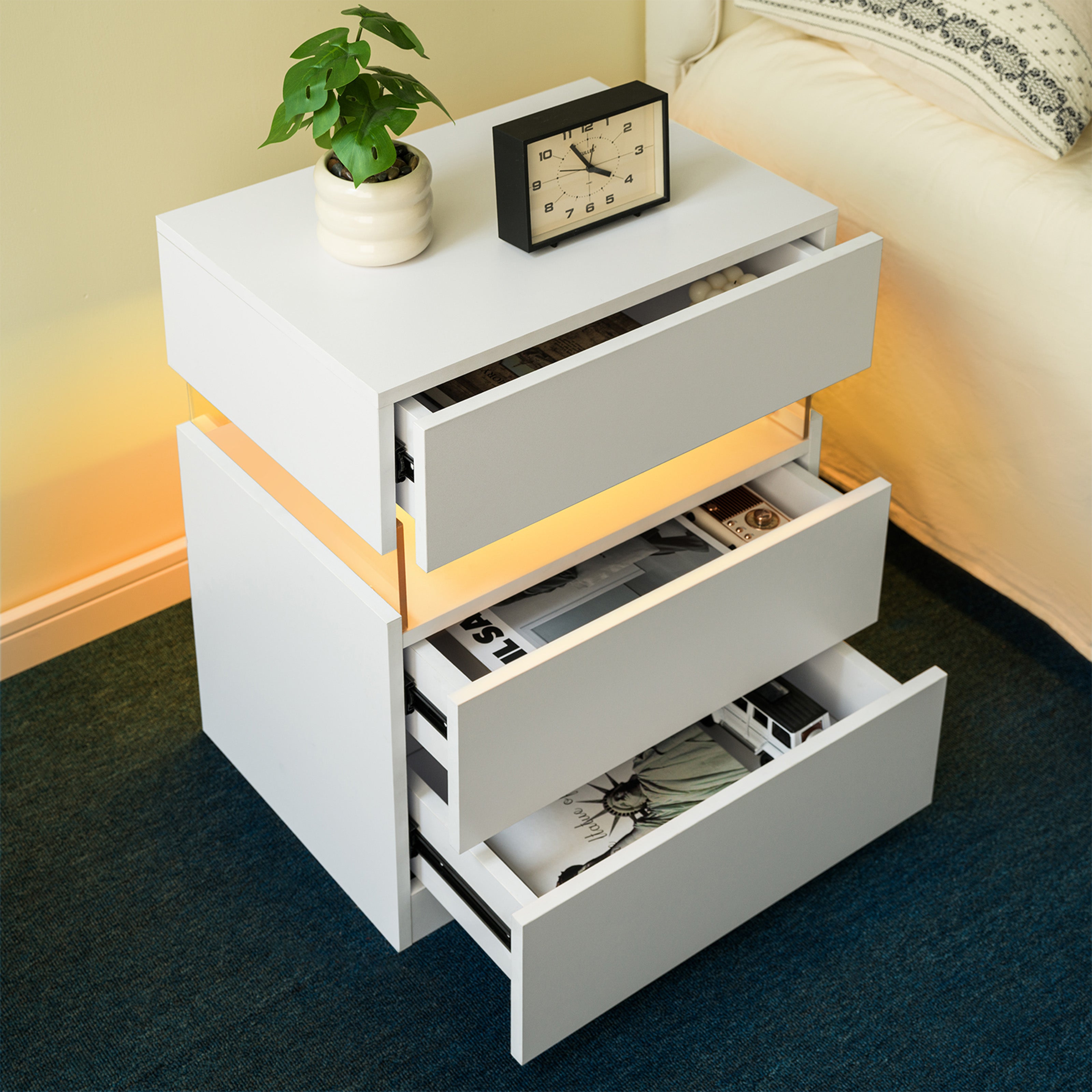 Enyopro LED Nightstand 3 Drawer for Bedroom, Wooden Side Table Storage Cabinet Unit with Acrylic Board for Living Room Bedside Furniture, White