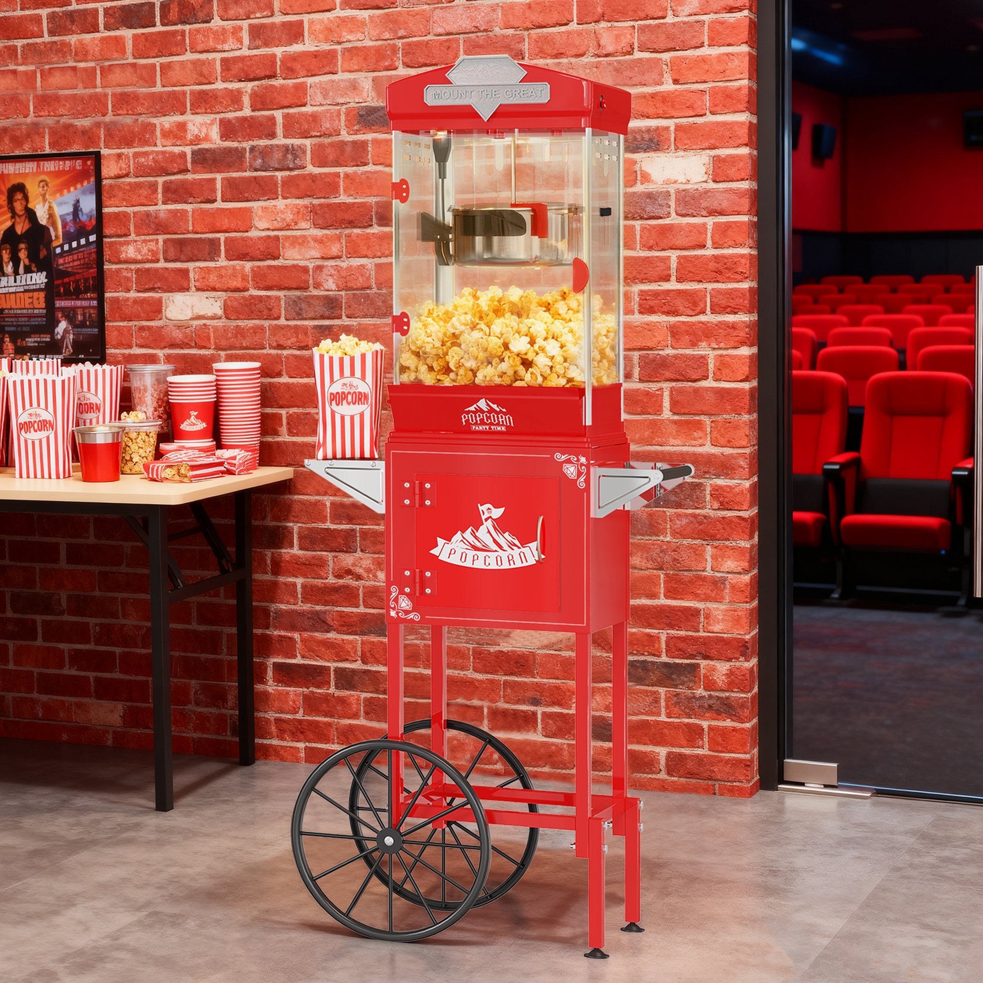 Enyopro Vintage Popcorn Maker Machine with Cart, 10 Oz Kettle, 4-5Miuntue Popping, Home Cinema and Entertainment Experience, As a Gift for Popcorn Lovers, Easy of Use and Clean, Retro Red