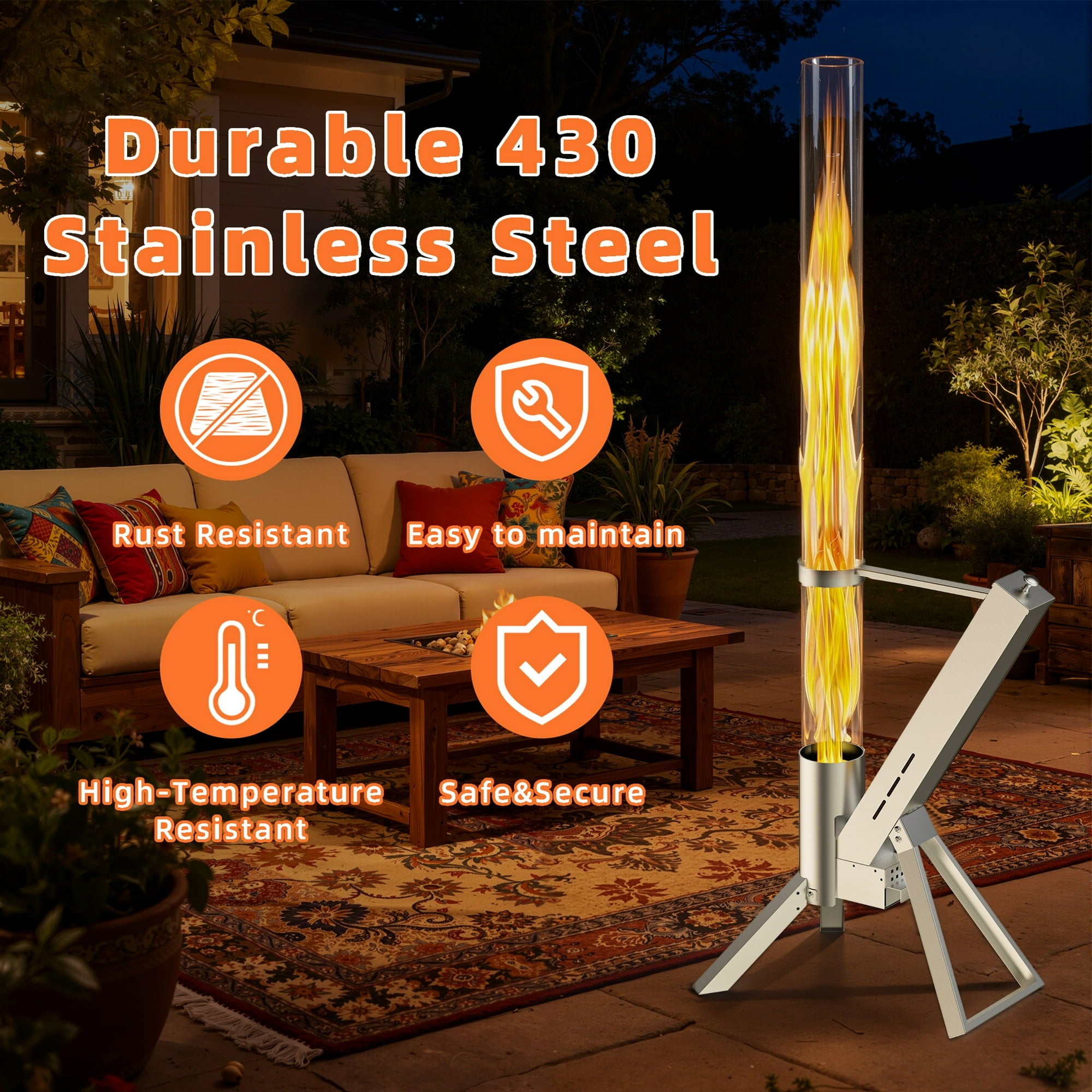 Enyopro Outdoor Pellet Rocket Heater, Portable Fire Pit, Eco-Friendly 430 Stainless Steel Glass Tube, with Ash Box and Tripod, 1.5-Hour Heat for Patio, Backyard, Camping, and Outdoor Dining