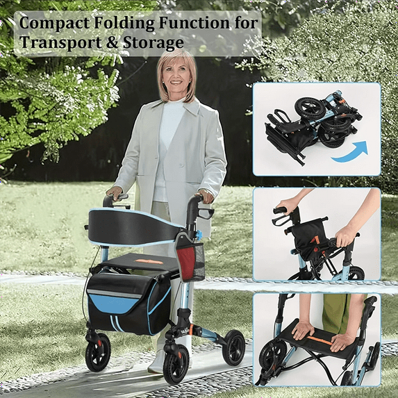 Rollator Walker for Seniors, Enyopro Rolling Walker with 8 Inch All Terrain Wheels, Lightweight Aluminum Foldable, Wide Seat & Backrest, 300LBS Capacity Adjustable Height for Seniors & Adults