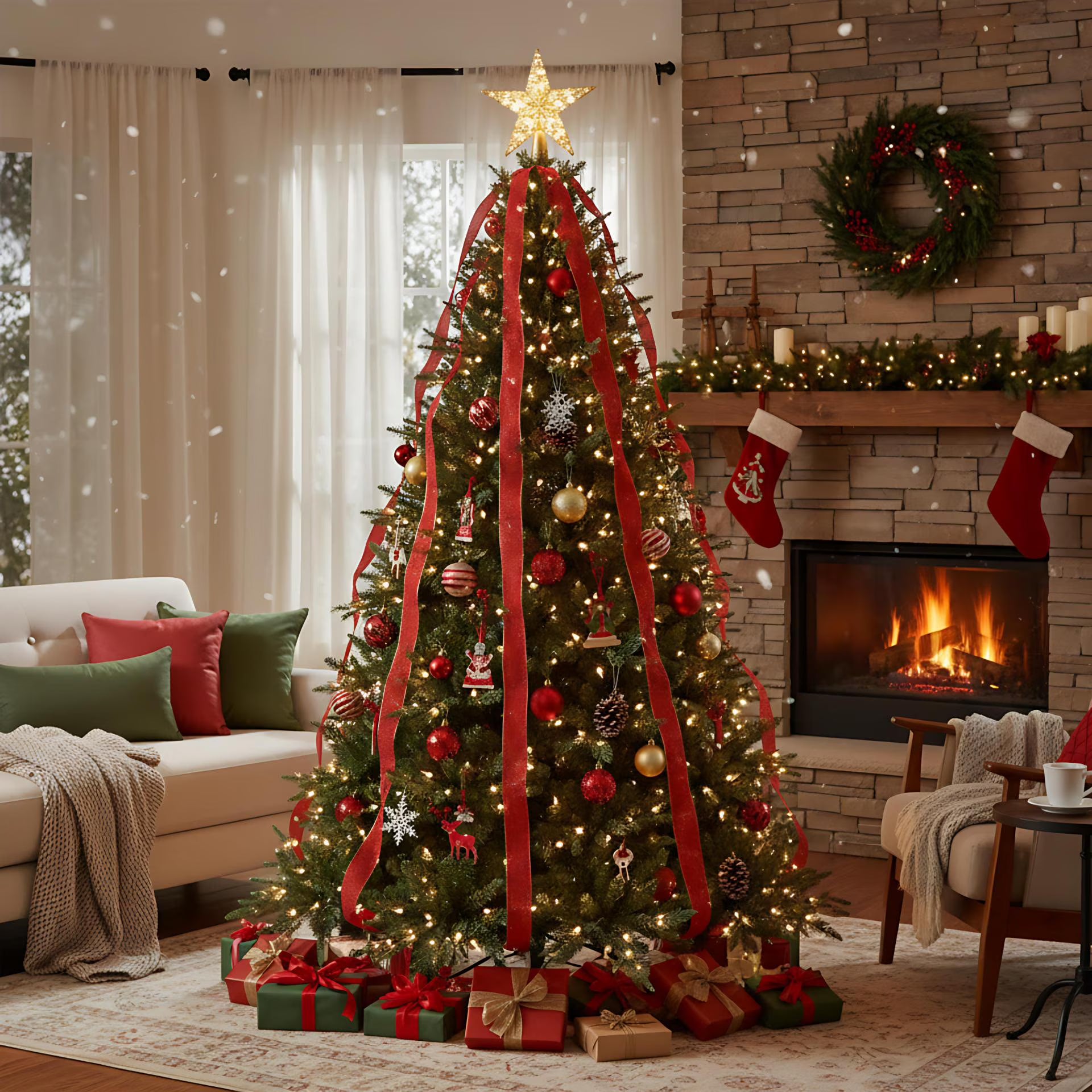 6.5-foot pre-assembled lighted Christmas tree with 450 LED lights and 2,225 branch tips. Hinged, fully artificial Christmas tree, easy to assemble, perfect for Christmas decoration.