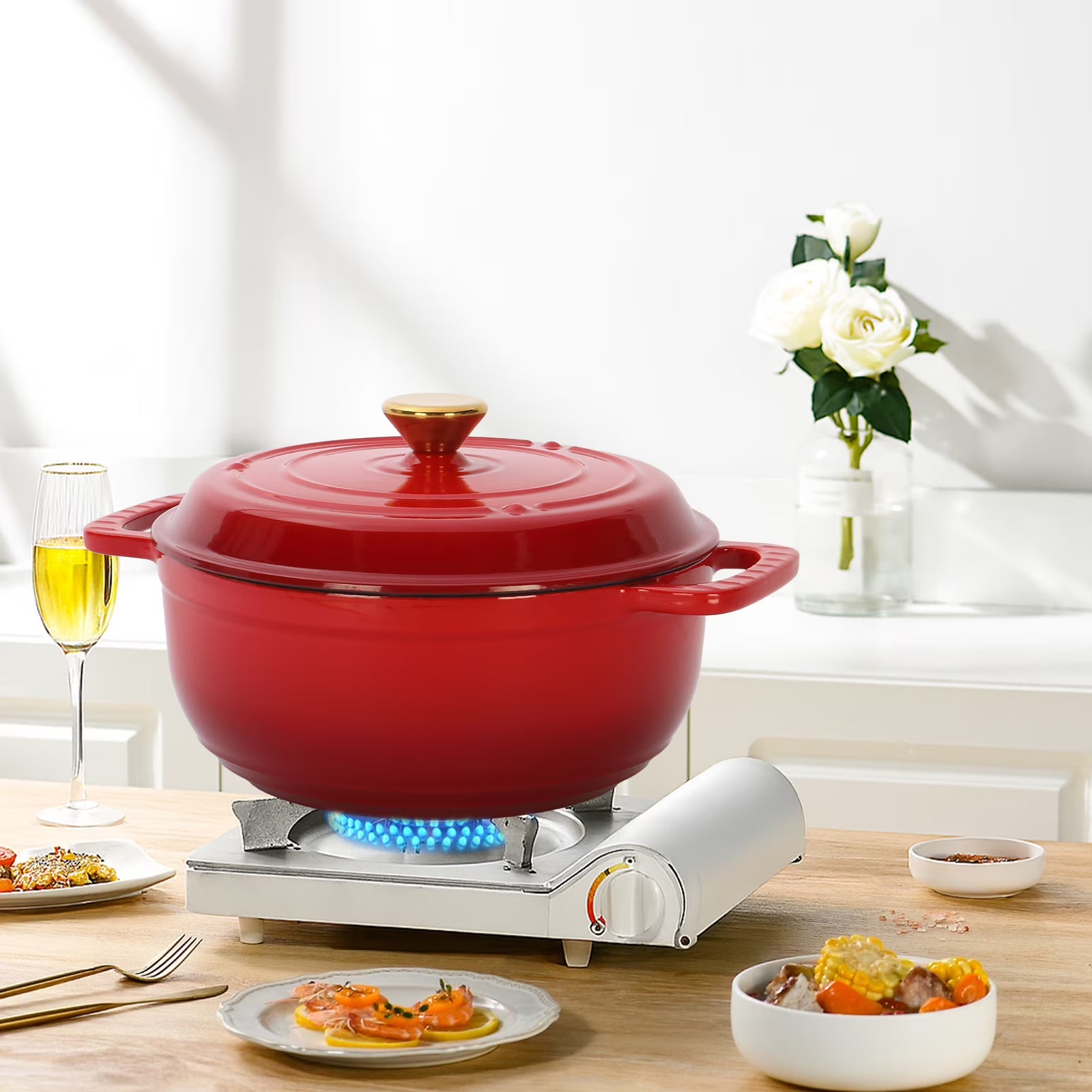 6.5-quart enameled cast iron Dutch oven with lid, featuring a drip-proof lid and heat-resistant double handles. Perfect for baking, grilling, stewing, and cooking.