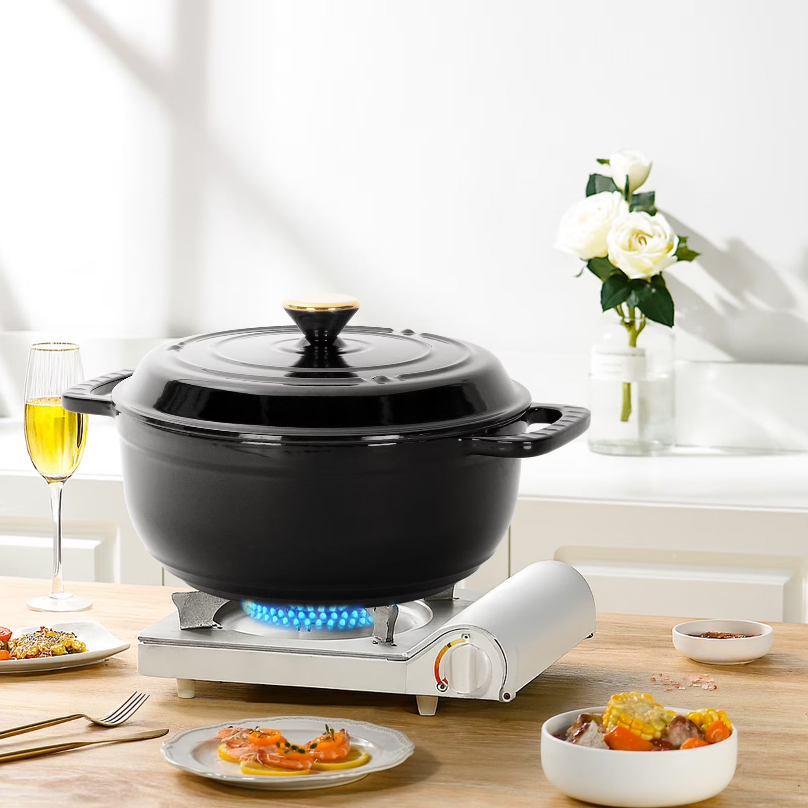 6.5-quart enameled cast iron Dutch oven with lid, featuring a drip-proof lid and heat-resistant double handles. Perfect for baking, grilling, stewing, and cooking.