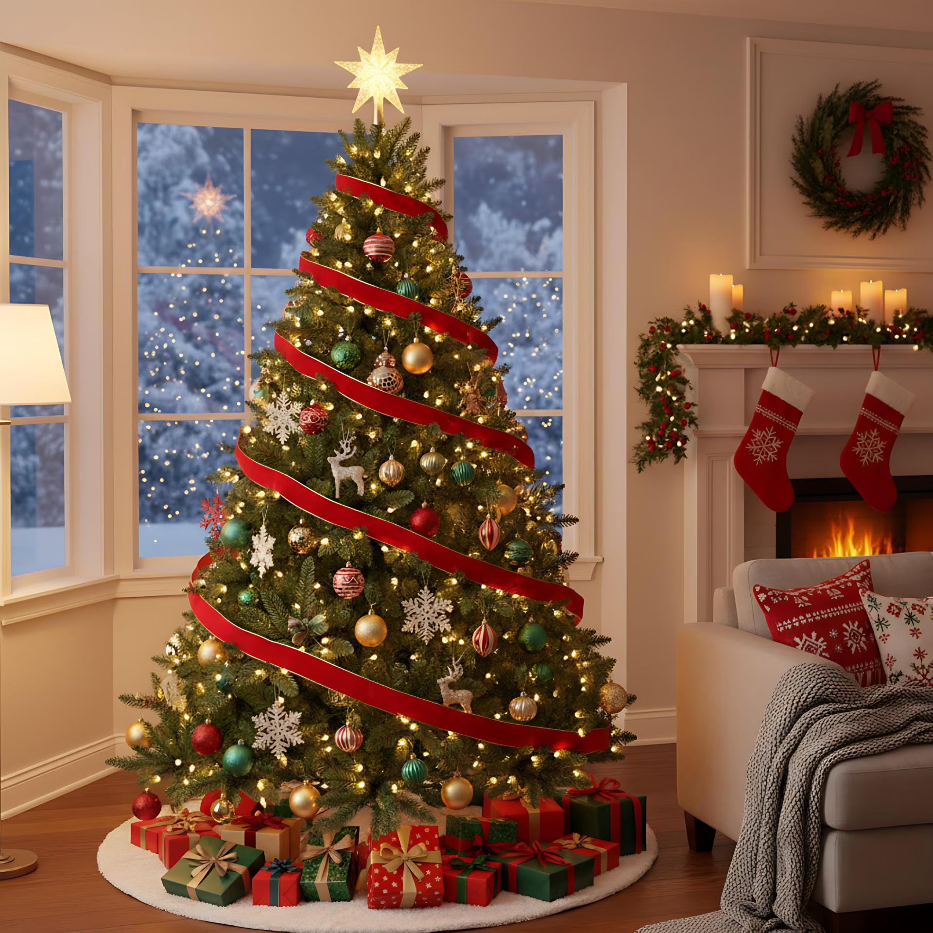 6-foot pre-assembled lighted Christmas tree with 400 lights, heavy-duty metal stand with 1,931 branch tips, hinged and easy to assemble, perfect for indoor decoration.