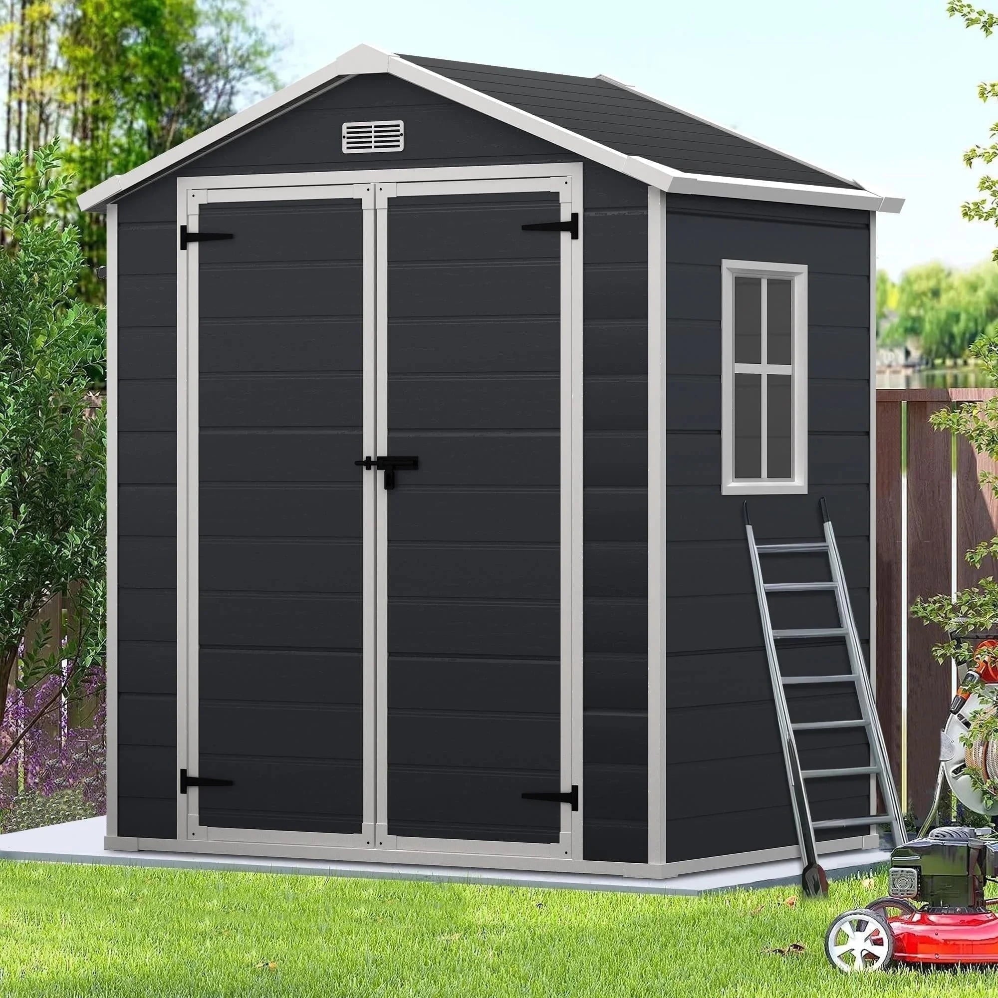 6×4.4ft Outdoor Storage Shed, Sesslife All-Weather Plastic Sheds with Reinforced Floor, Large Tool Garden Resin Shed storage with Double Lockable Door, Window for Bike Lawn Patio, Dark Gray