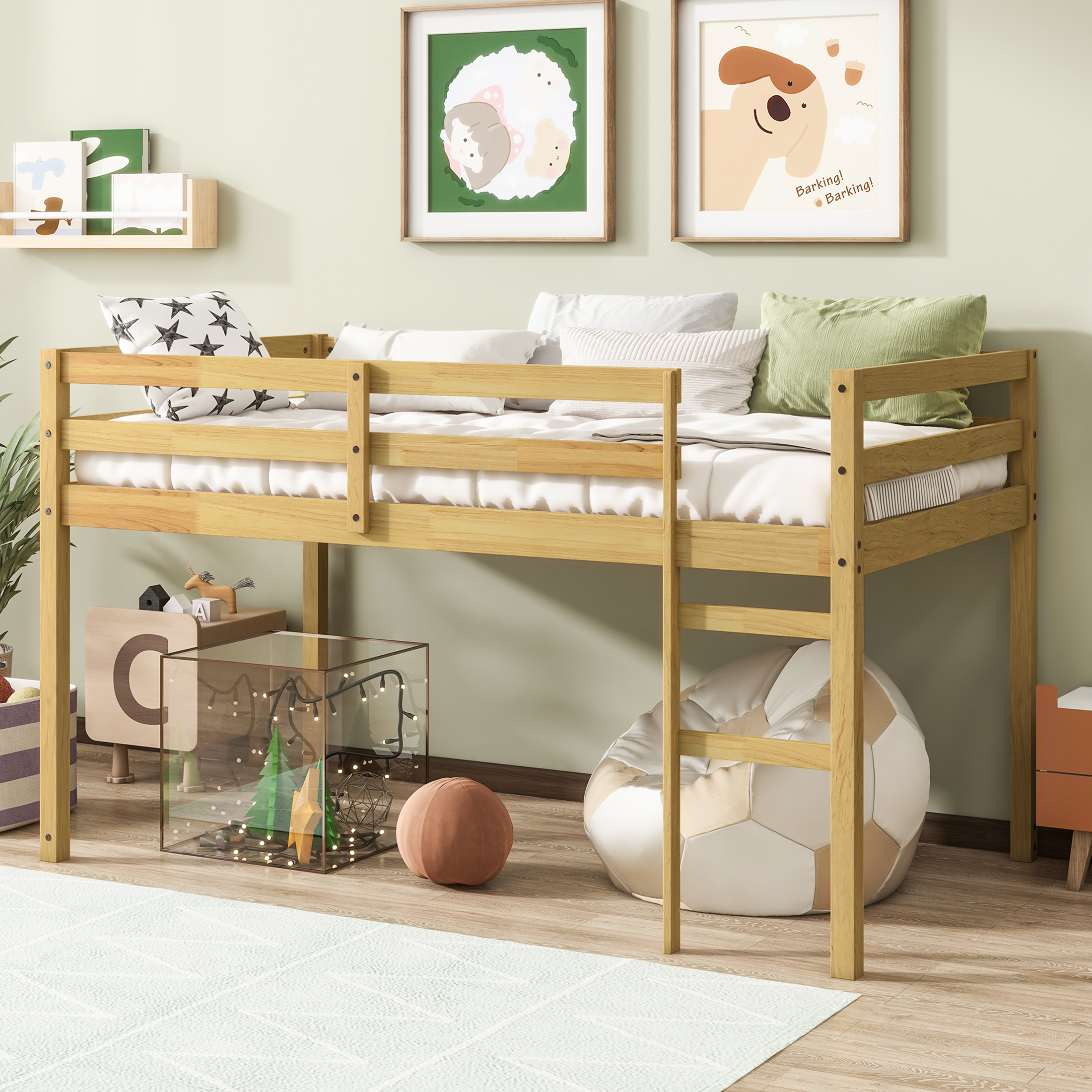 PAPROOS Twin Loft Bed with Ladder, Low Height Solid Wood Loft Bed Frame, Loft Bed with Guardrails and Storage Space Underneath, No Box Spring Needed, Pink