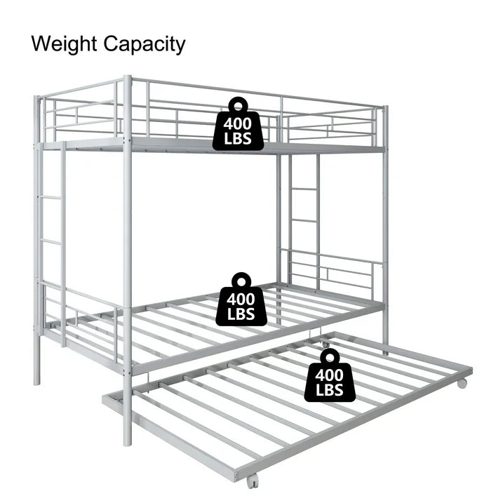 Enyopro Bunkbed with Roll Out Trundle Bed Frame, Metal Bunk Bed can be Divided into Two Twin Beds, Trundle Twin Bunk Bed with Ladders and Guardrails for Guest Room, Space Saving Bedroom Furniture