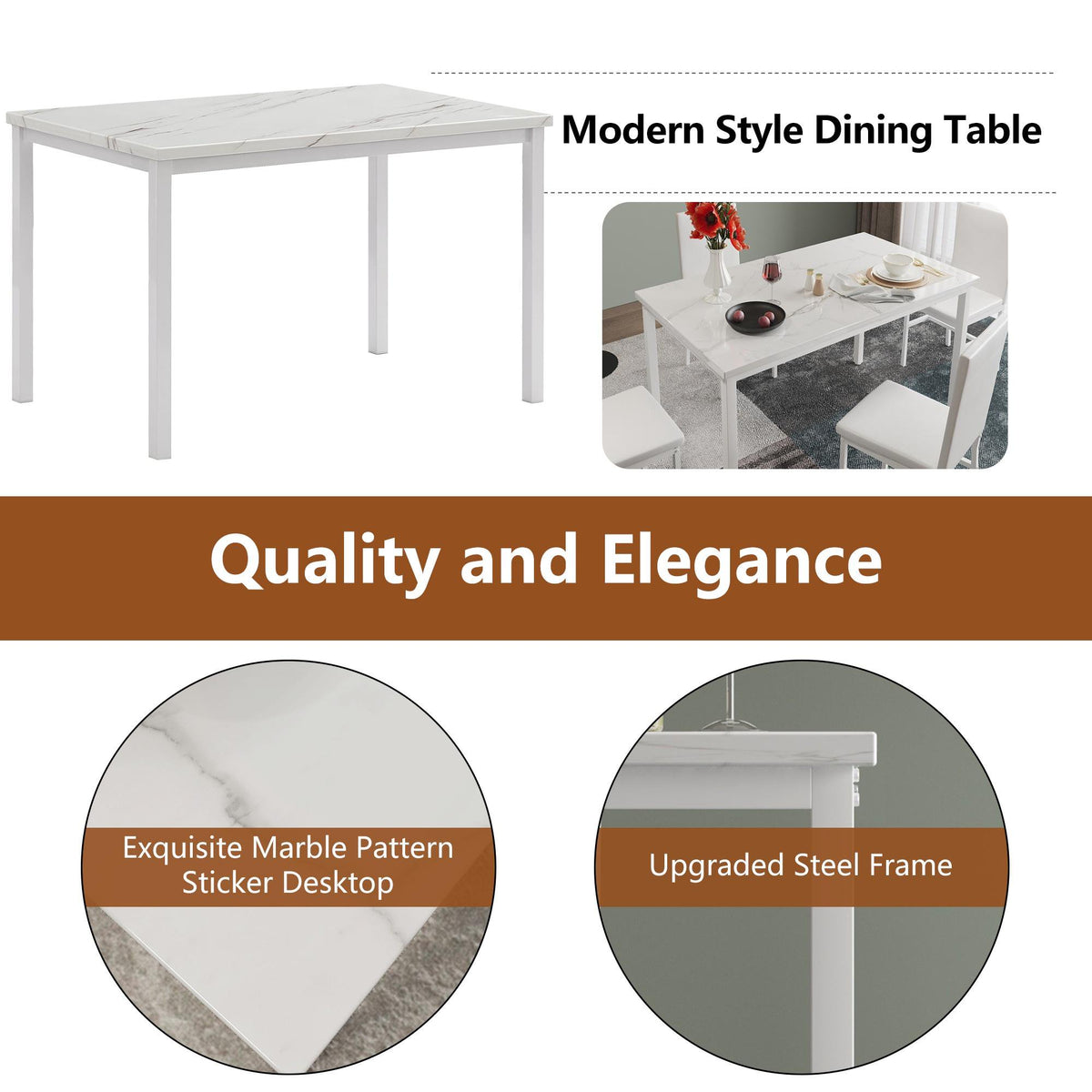 Dining Room Table Set for 4, Kitchen Table Set with 4 PU Upholstery Chairs, Modern Faux Marble Top Finish Dining Set for Bar, Breakfast Nook, White