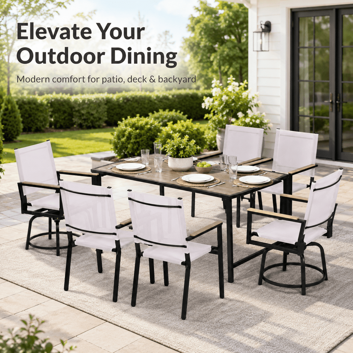 Enyopro 7 Piece Patio Dining Set, Metal Outdoor Dining Set Swivel Chairs, All-Weather Patio Dining Furniture Sets for Backyard, Bistro, PoolSide