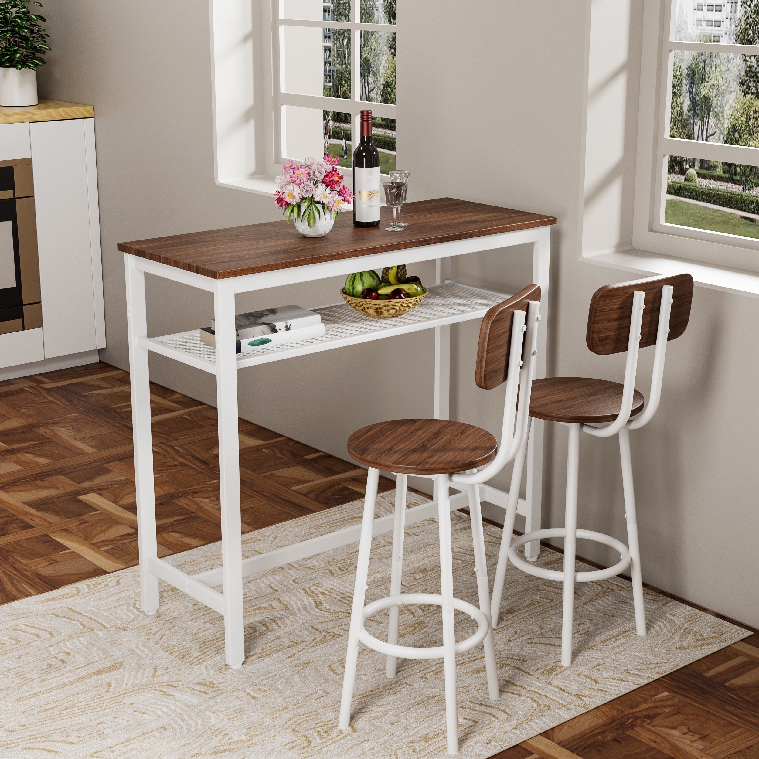 Bar Table Set for 2, 3 Pieces Pub Dining Table Set, Brown Bistro Pub Kitchen Table Set with Storage Rack,