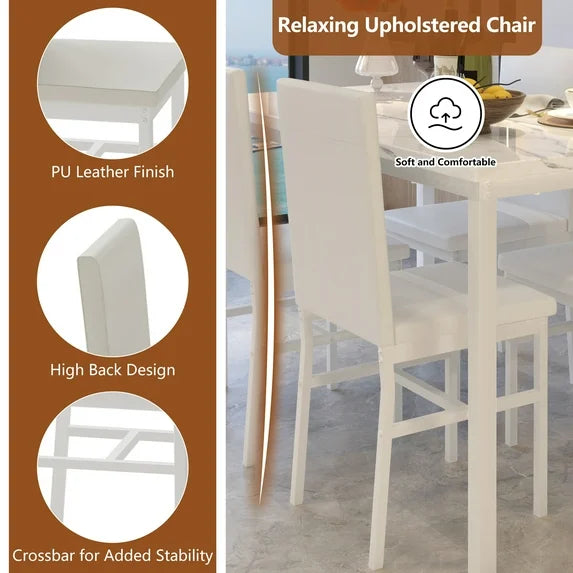 Dining Room Table Set for 4, Compact Kitchen Table and Chairs Set, Including 4 Upholstered Chairs, Marble Tabletop Rectangular Table, White