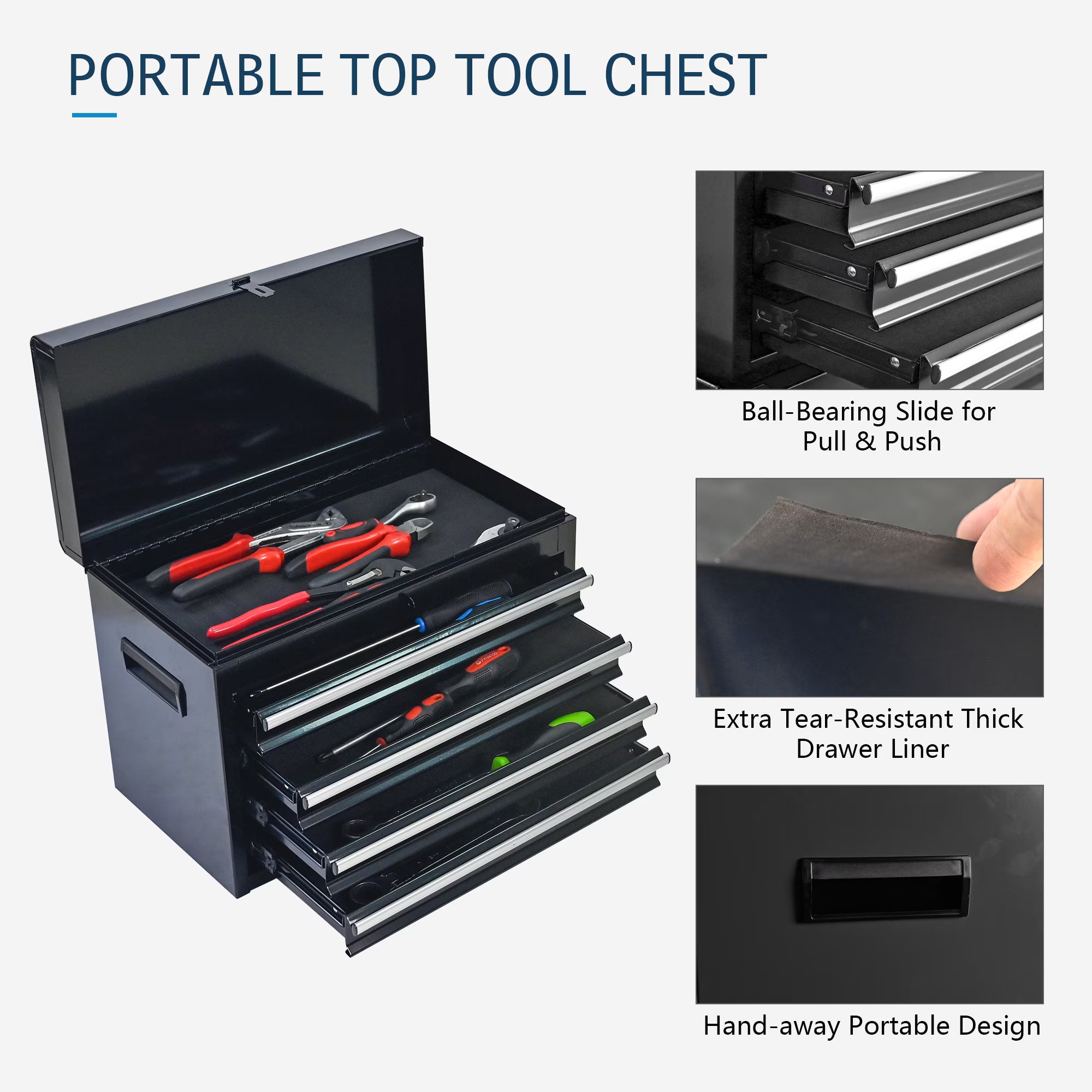 5-Drawer Rolling Tool Chest, Stainless Steel Tool Box with Brake Wheels and 4 Drawers, Black Detachable Tool Cart, Black