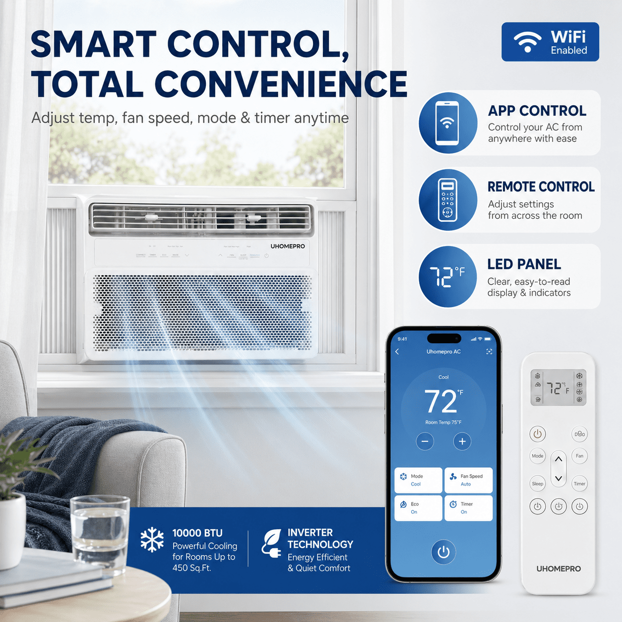 10000 BTU Smart Window Air Conditioner, Cools 450 Sq.Ft with 4 Modes, Washable Filter, 35% Energy Saving, App/Remote and LED Control, 52 dB Noise for Living Room, Easy to Install
