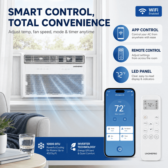 10000 BTU Smart Window Air Conditioner, Cools 450 Sq.Ft with 4 Modes, Washable Filter, 35% Energy Saving, App/Remote and LED Control, 52 dB Noise for Living Room, Easy to Install