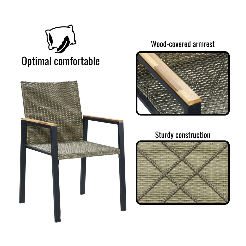 Enyopro 7 Piece Rattan Patio Dining Set, Acacia Wood Tabletop & Umbrella Hole, Modern Garden Conversation Set for Patio, Brown Gray