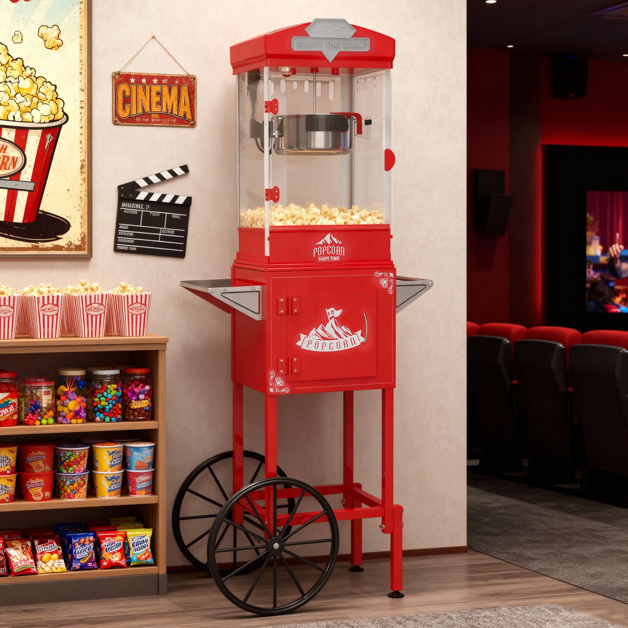 Enyopro Vintage Popcorn Maker Machine with Cart, 10 Oz Kettle, 4-5Miuntue Popping, Home Cinema and Entertainment Experience, As a Gift for Popcorn Lovers, Easy of Use and Clean, Retro Red