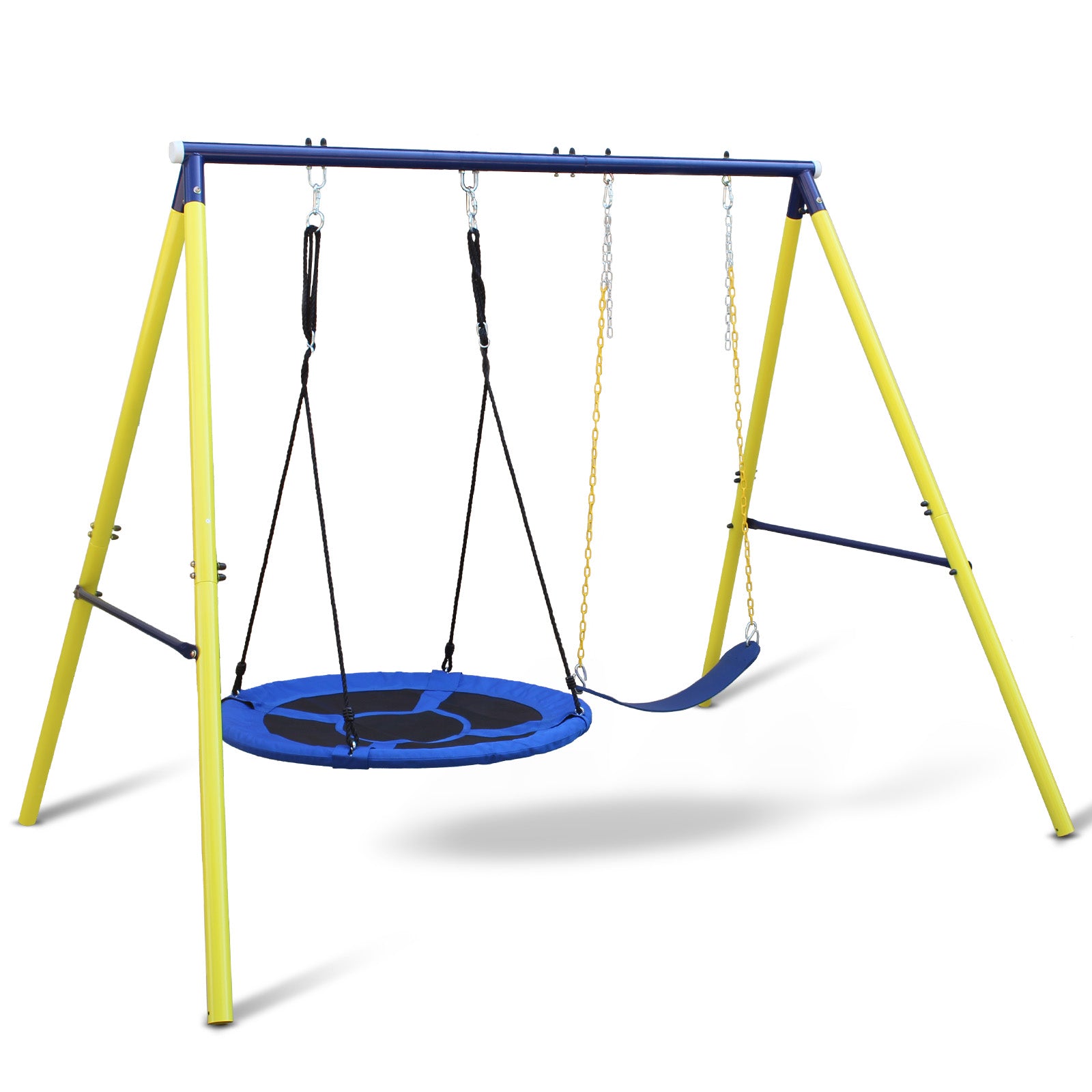 SESSLIFE Swing Set for Outside, 440lbs Swing Set with Saucer and Belt, 3-8 Kids Outdoor Playset for Backyard, Playground, Blue&Yellow
