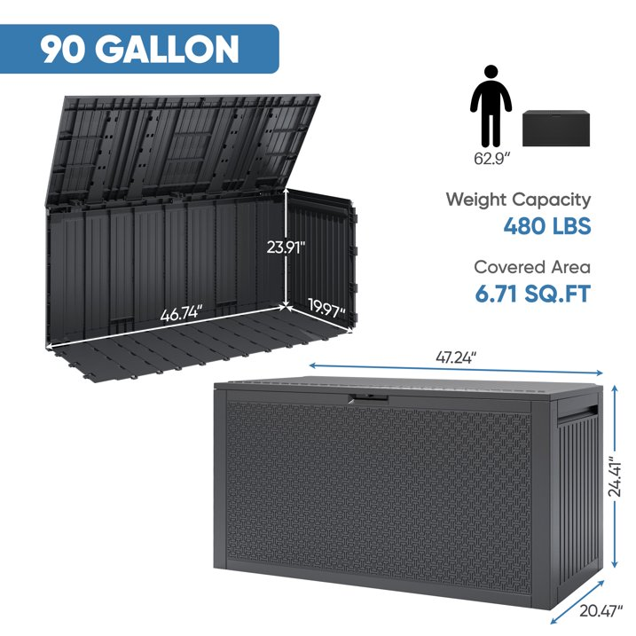 90 GALLON Deck Box, Outdoor Plastic Waterproof Storage Box Bench, Indoor Storage Bin Container for Patio Cushions, Garden Tools and Pool Toys, Gray