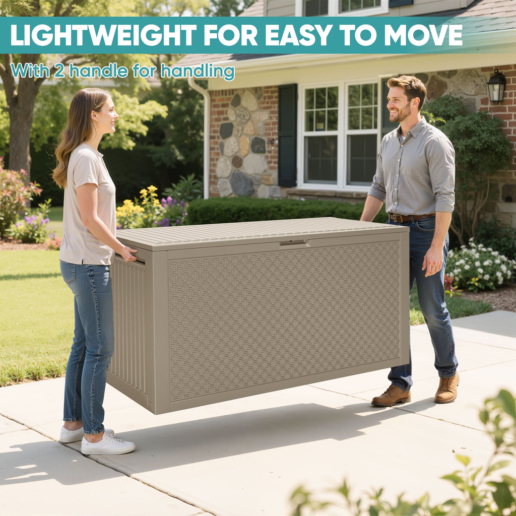 Enyopro 90 Gallon Deck Box, Organization and Storage Box for Patio Furniture Outdoor Cushions, Throw Pillows, Garden Tools and Pool Toys, Light Brown