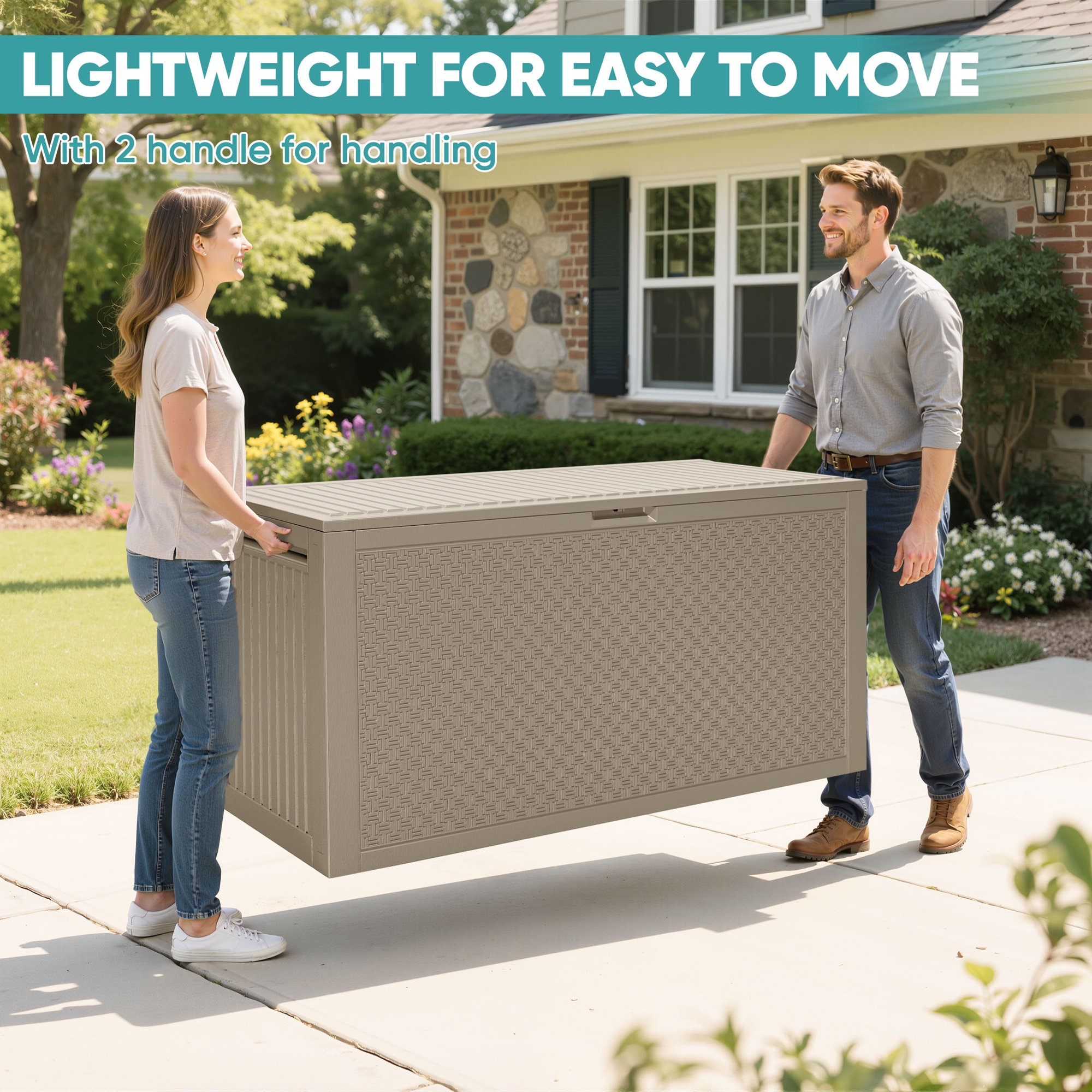 Enyopro 90 Gallon Deck Box, Organization and Storage Box for Patio Furniture Outdoor Cushions, Throw Pillows, Garden Tools and Pool Toys, Light Brown