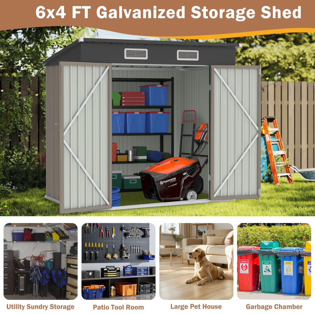 6' x 4' Outdoor Storage Shed, ENYOPRO Galvanized Metal Garden Tool Shed with Lockable Double Doors, Sloped Roof & Vent for Bike, Lawn Mower & Backyard Storage, Brown