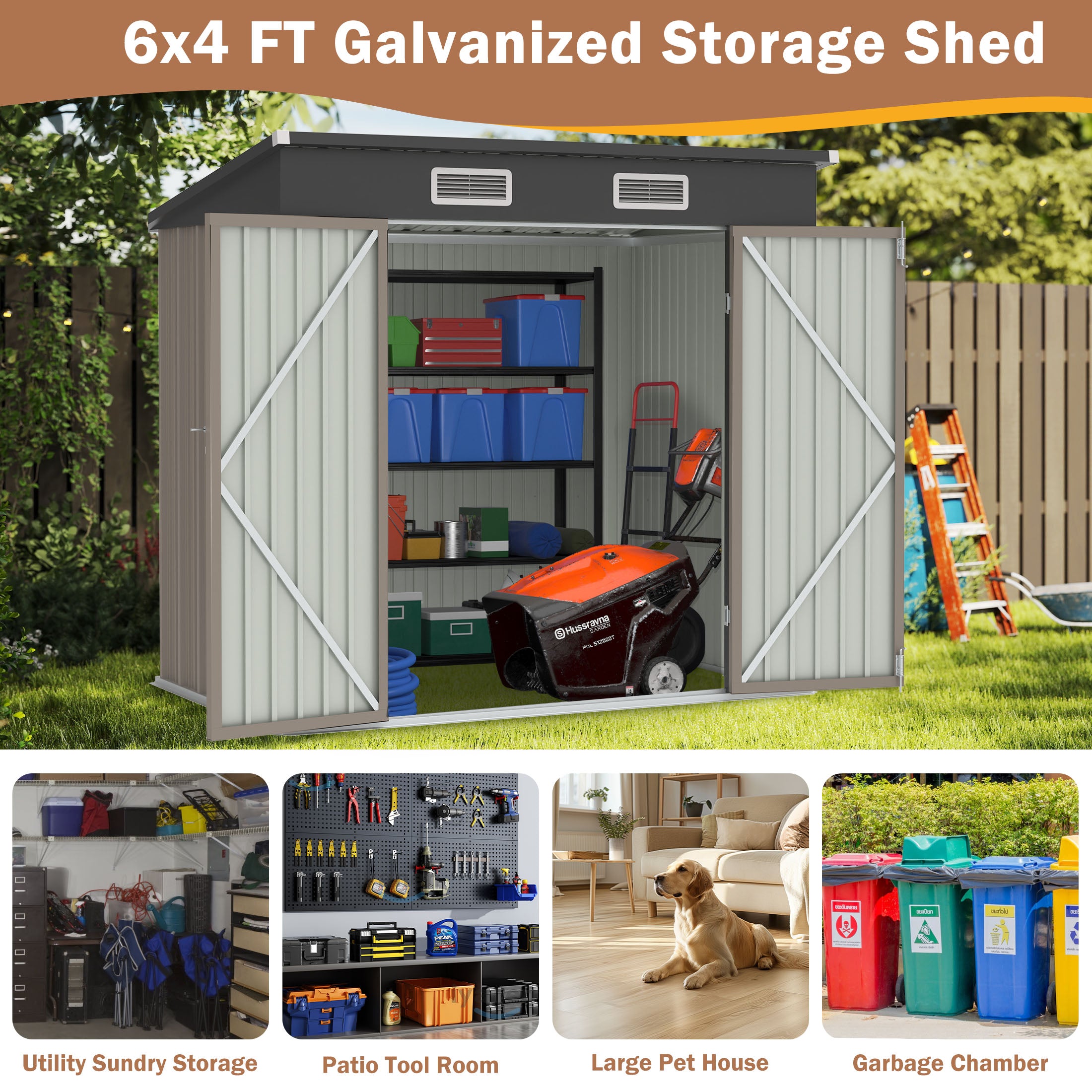 6' x 4' Outdoor Storage Shed, ENYOPRO Galvanized Metal Garden Tool Shed with Lockable Double Doors, Sloped Roof & Vent for Bike, Lawn Mower & Backyard Storage, Brown