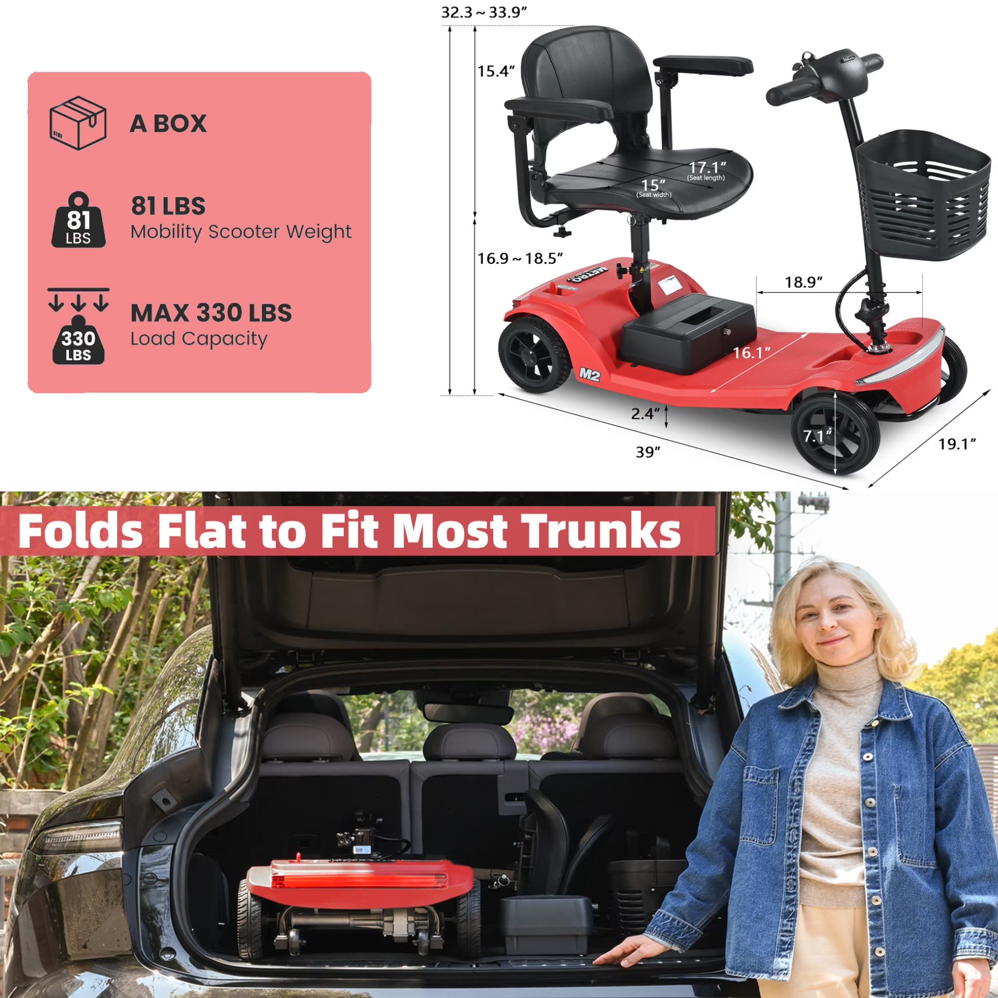 ENYOPRO Mobility Scooters for Seniors, 4 Wheel Foldable Electric Wheelchair Device with Bright Headlights USB Port, 330 lbs Capacity, Red