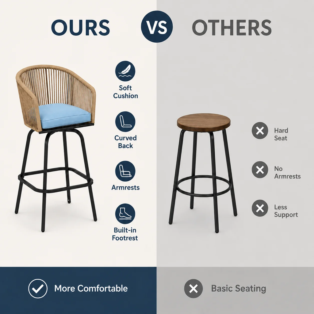 Outdoor Swivel Bar Stools Set of 4, Counter Height Wicker Patio Bar Chairs with Backs, Armrests, Cushions and Footrests, All-Weather Rattan Seating for Poolside, Deck and Balcony