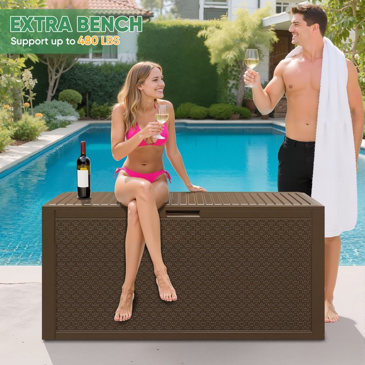Enyopro 90 Gallon Deck Box, Organization and Storage Box for Patio Furniture Outdoor Cushions, Throw Pillows, Garden Tools and Pool Toys, Brown