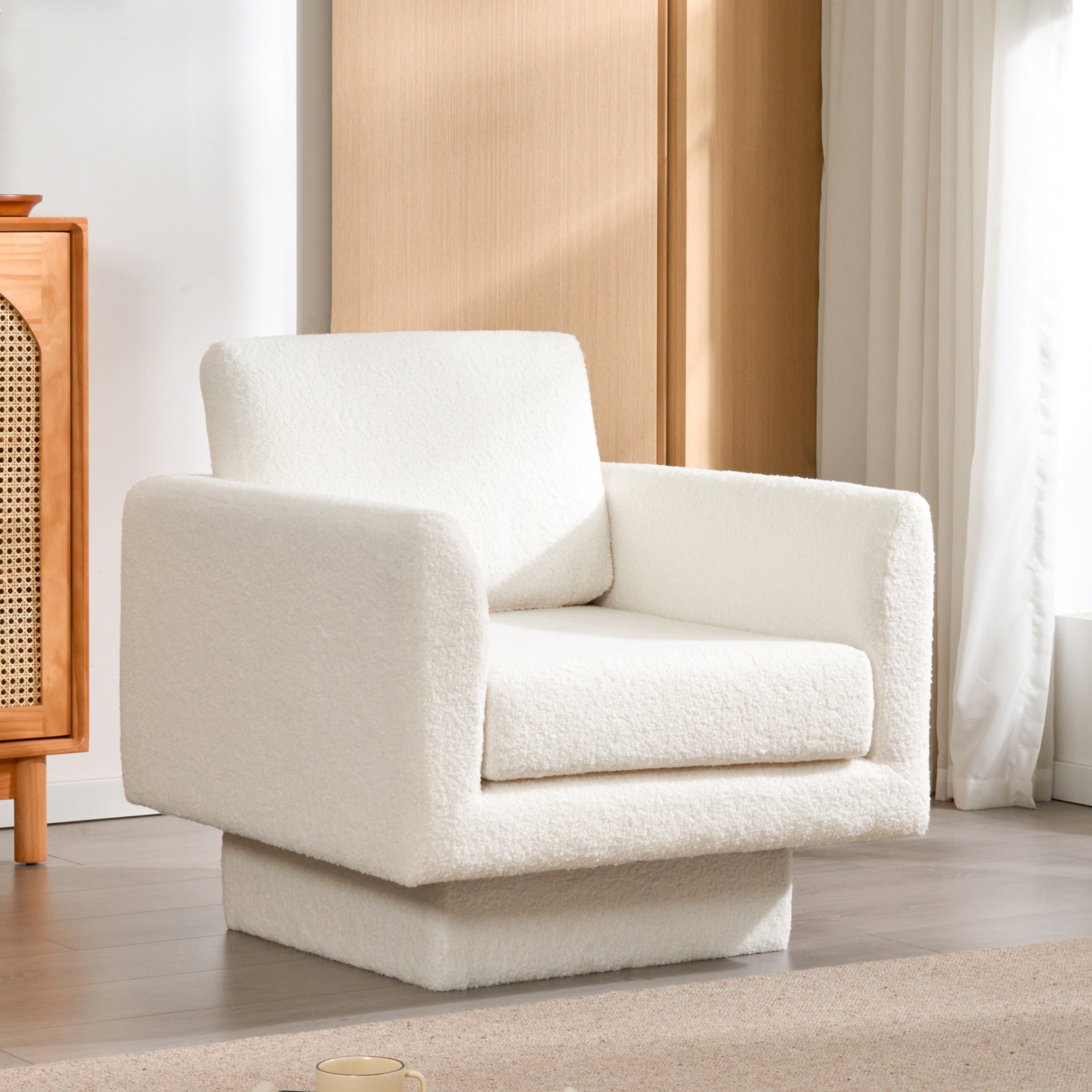 Sesslife 360° Swivel Accent Chair, 30" Teddy Sherpa Round Armchair with Thick 6-Inch Cushion, Comfy Upholstered Lounge Barrel Chair for Living Room, Bedroom, Nursery, Reading Club, White