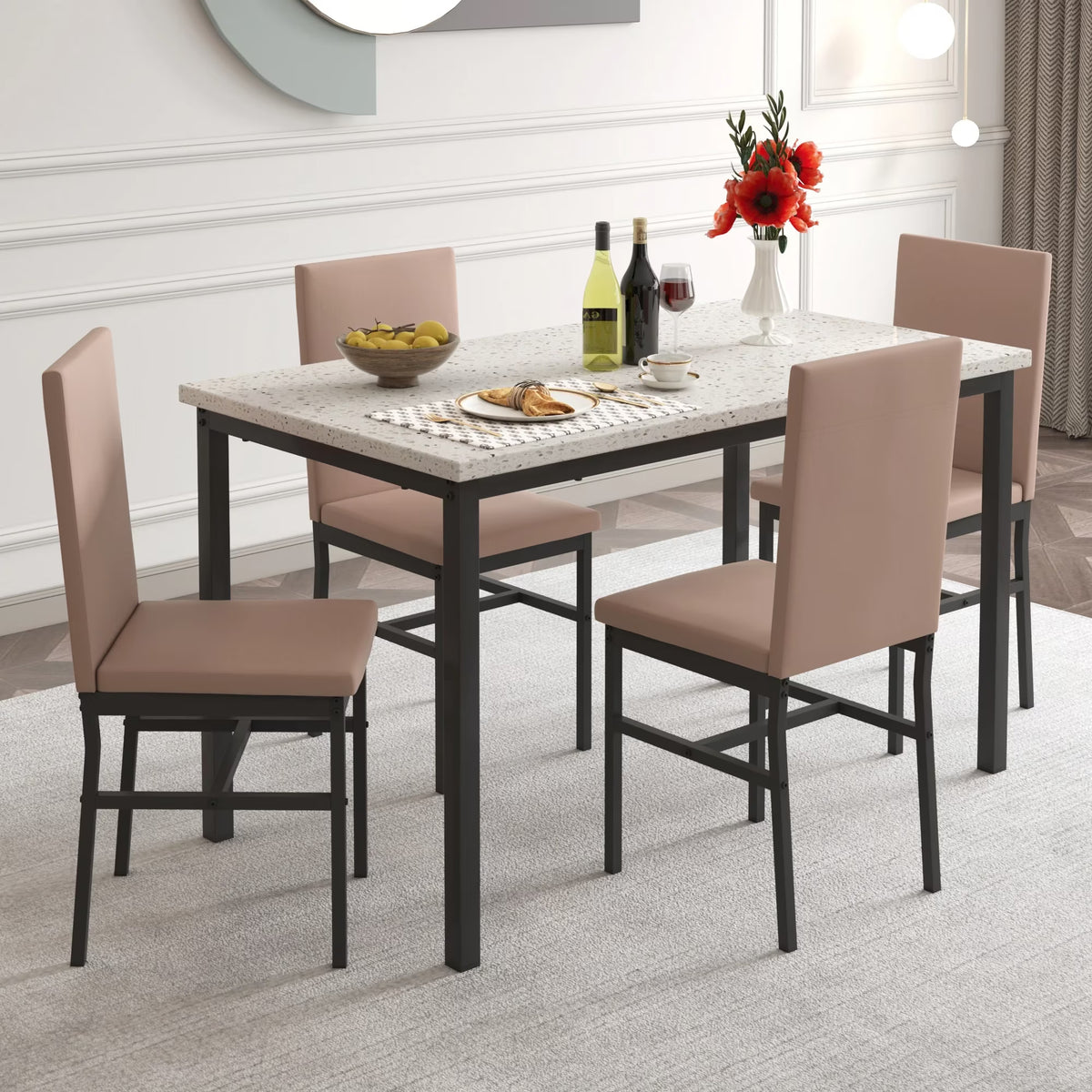 Dining Table Set for 4, Kitchen Table Set with 4 PU Upholstery Chairs, Modern Faux Marble Top Finish Dining Set for Bar, Breakfast Nook, khaki