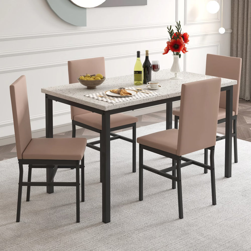 5 Piece Rectangle Dining Table Set for Small Space, Modern Faux Marble Tabletop and 4 Velvet Chairs, Compact Kitchen Table Set for Home, Breakfast Nook, Cafeteria Dining Room