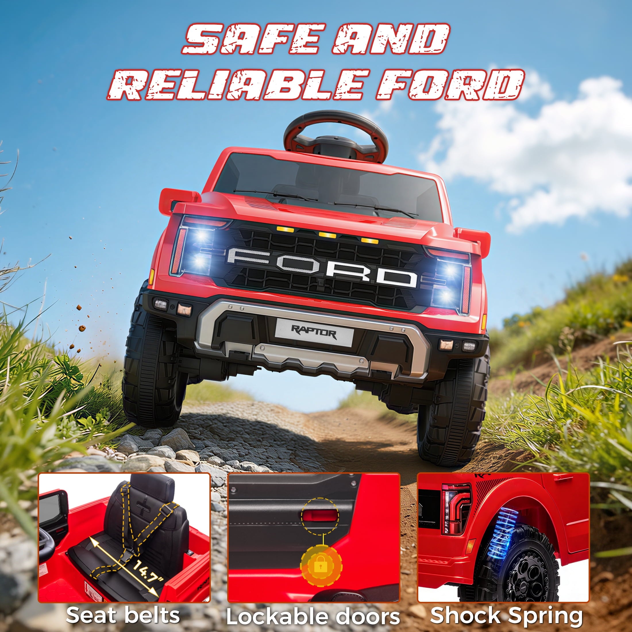 Conchico 12V Licensed Ford F150 Raptor Powered Ride-On Cars Toys with Remote & Durable Wheels for Kids, Red