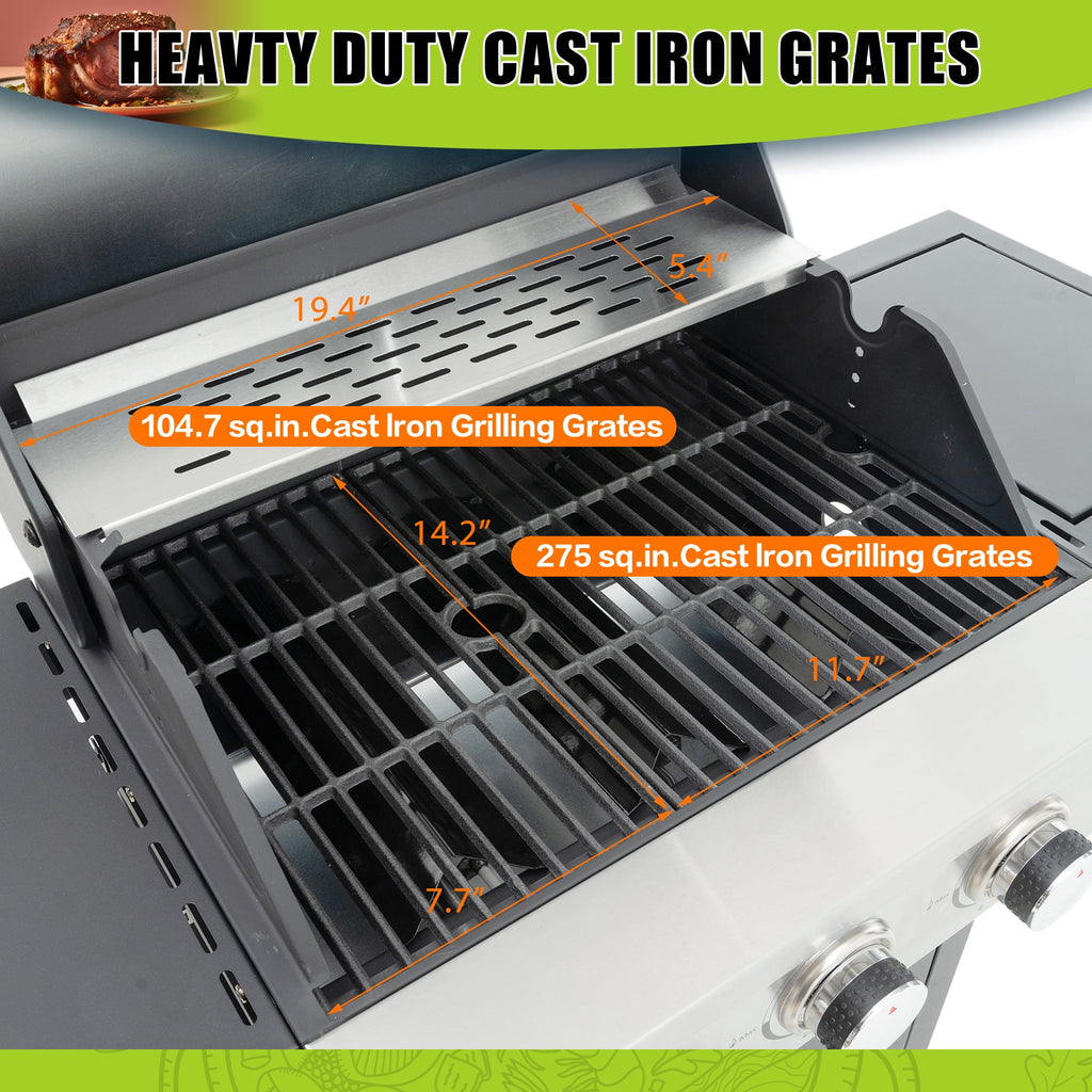 Enyopro 3 Burner Gas Grill , 37000 BTU Stainless Steel Propane Gas Grill with Side Burner, Outdoor BBQ Grill with Side Table and Thermometer, for Outdoor Camping BBQ