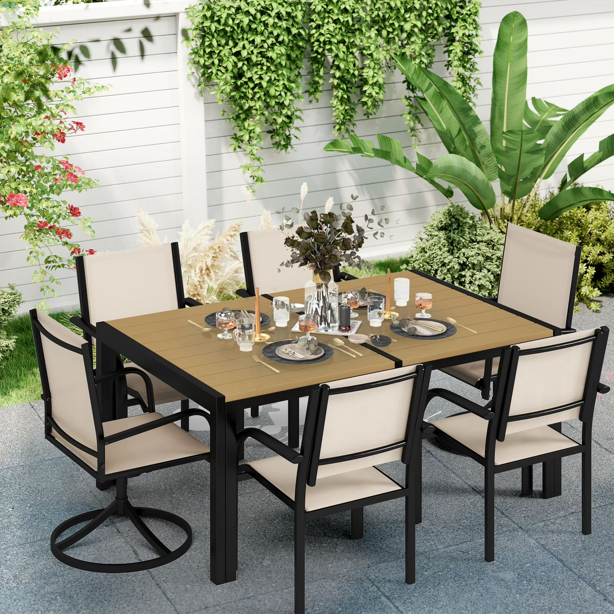 7 Piece Patio Dining Set, Outdoor Dining Set for 6 with Swivel Chairs, Backyard Textilene Dining Furniture Set with Tabletop, Cushions, Conversation Furniture Set for Poolside, Deck, Yellow
