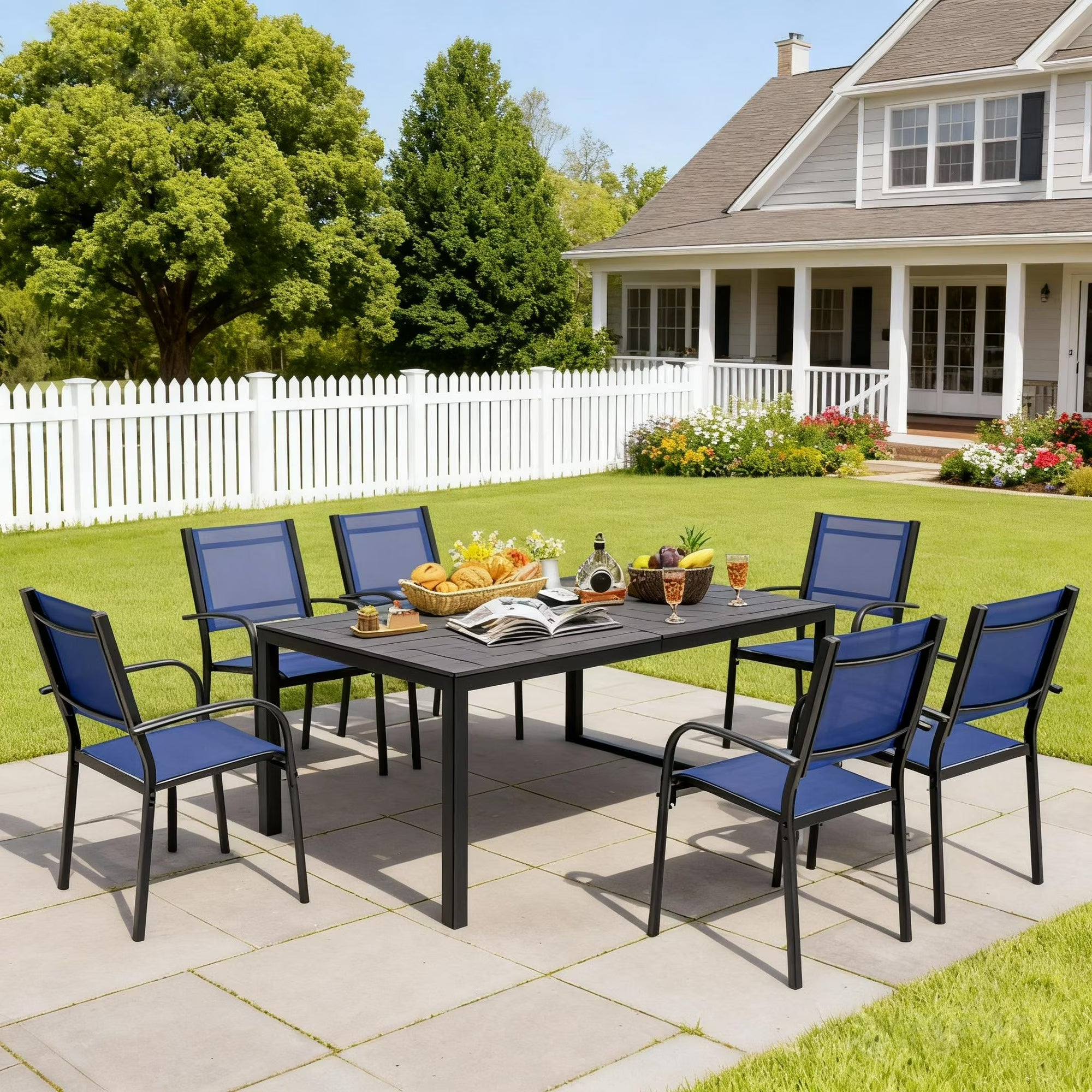 7PCS Patio Dining Set, Patio Dining Sets for 6 ,with Swivel Furniture Dining Table Set, Textilene Dining Furniture Set , Cushions, Conversation Furniture Set for Courtyard, Terrace, Blue