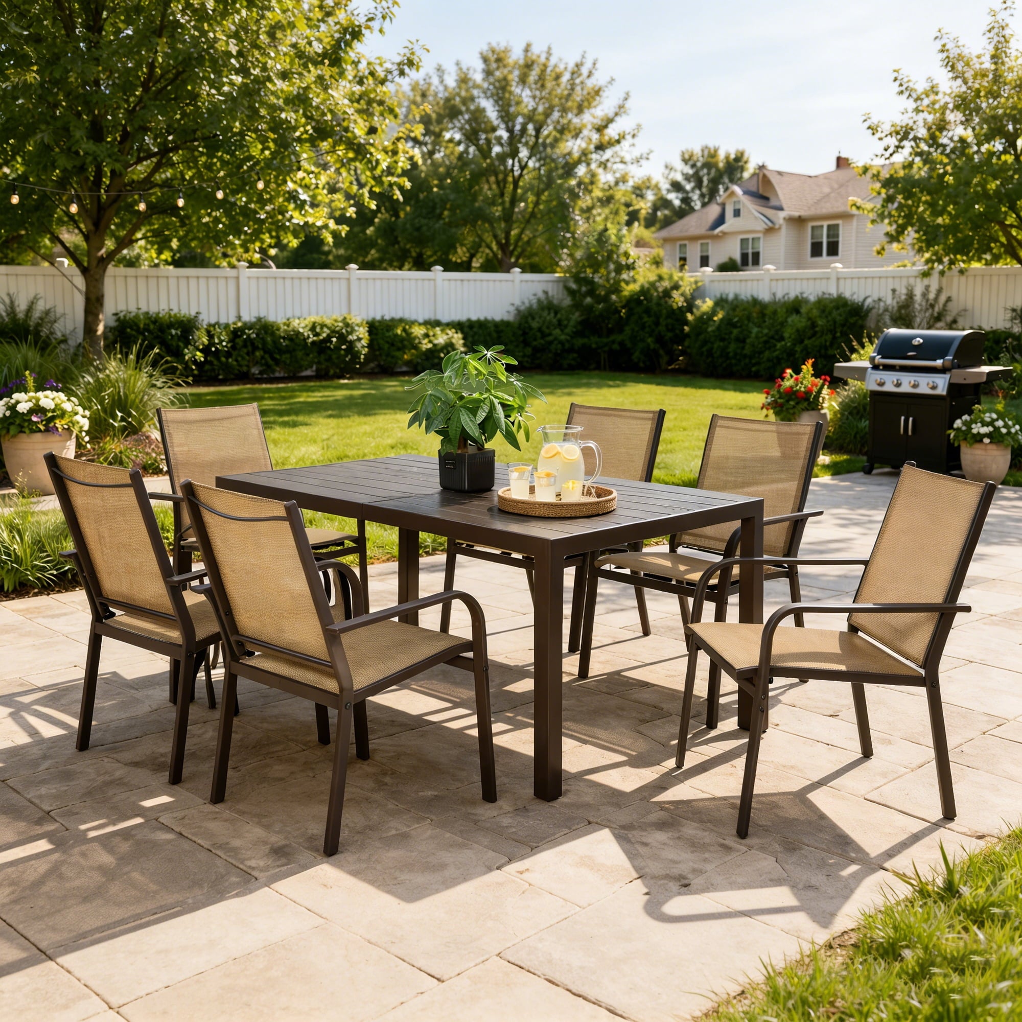 Enyopro 7 Pieces Patio Dining Set, Outdoor Furniture with Rectangular Table & 6 Stackable Textilene Chairs, Weatherproof Steel Frame for Garden Backyard Deck Porch, Brown