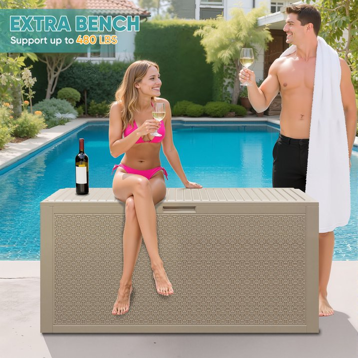 Enyopro 90 Gallon Deck Box, Organization and Storage Box for Patio Furniture Outdoor Cushions, Throw Pillows, Garden Tools and Pool Toys, Light Brown