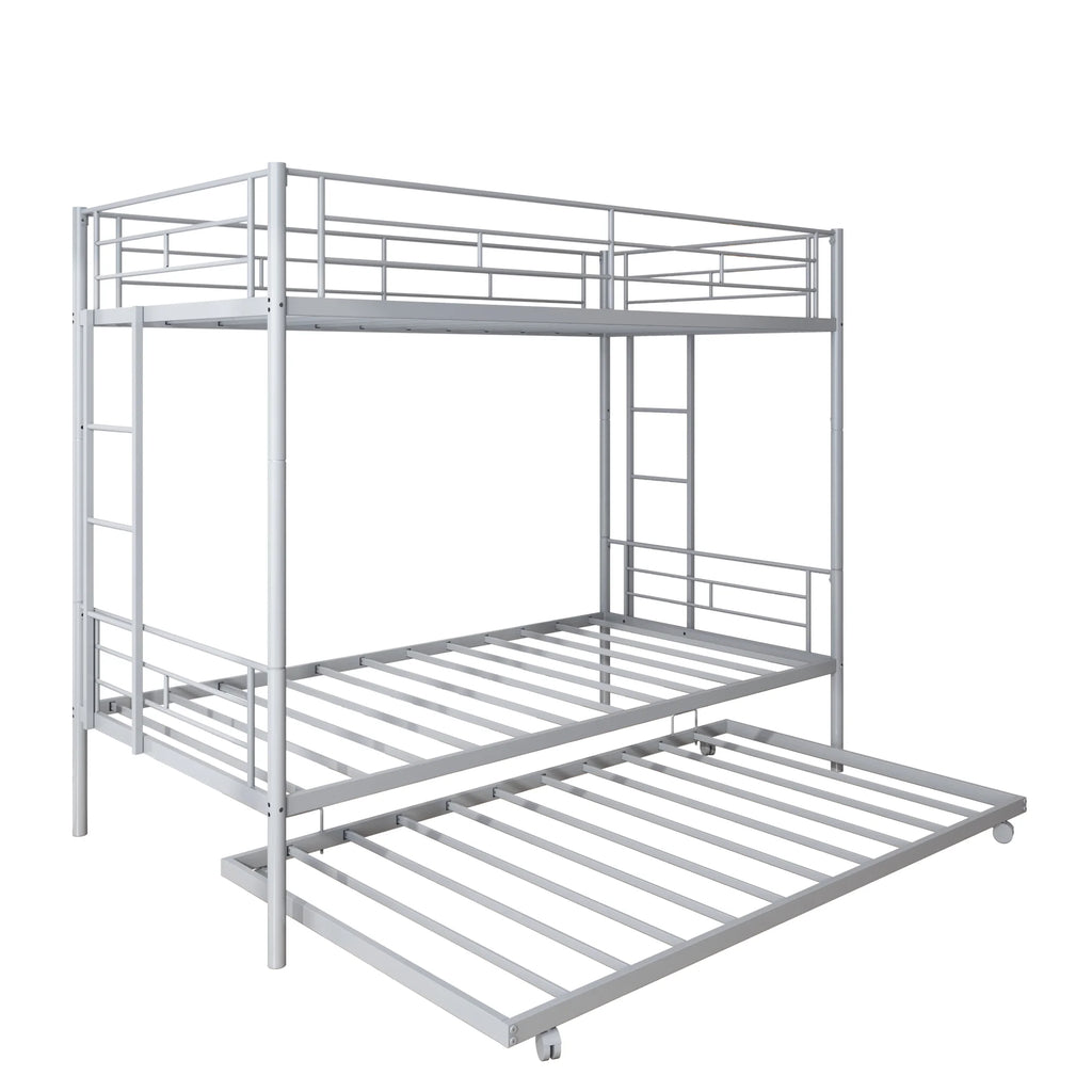 Enyopro Bunkbed with Roll Out Trundle Bed Frame, Metal Bunk Bed can be Divided into Two Twin Beds, Trundle Twin Bunk Bed with Ladders and Guardrails for Guest Room, Space Saving Bedroom Furniture