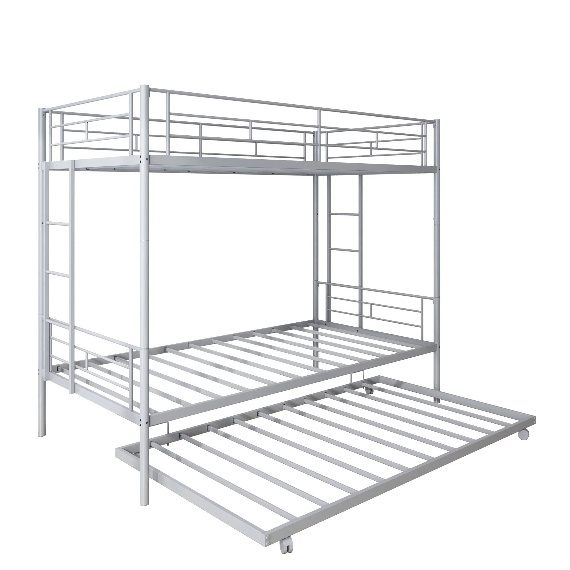 Enyopro Bunkbed with Roll Out Trundle Bed Frame, Metal Bunk Bed can be Divided into Two Twin Beds, Trundle Twin Bunk Bed with Ladders and Guardrails for Guest Room, Space Saving Bedroom Furniture