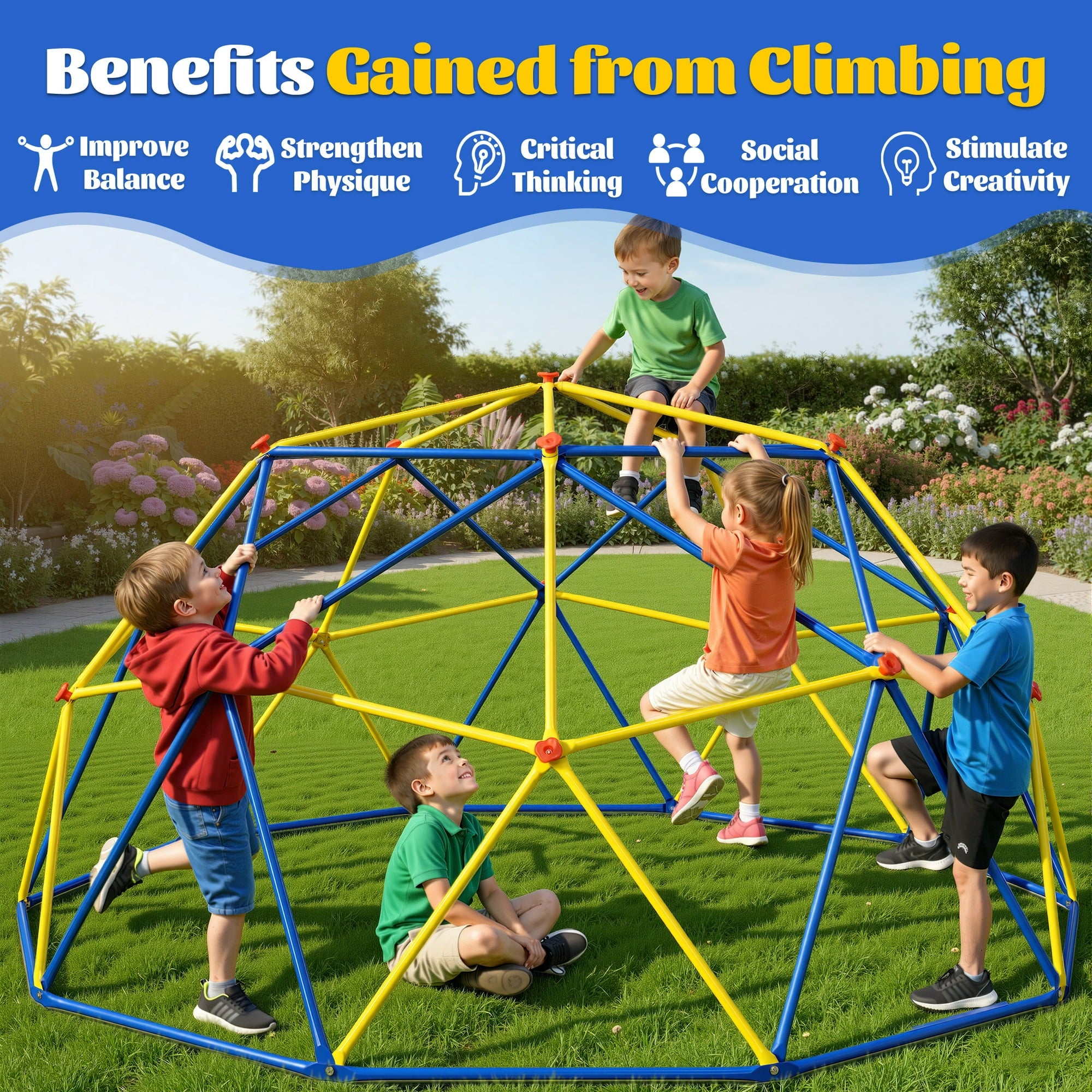ENYOPRO 10ft Outdoor Climbing Dome, Kids Jungle Gym Dome Climber, Playground Climber for 3-10 Years Old, Climbing Toys for Outside, Rust & UV Resistant Steel Climbing Structures, Max 900lbs, Blue