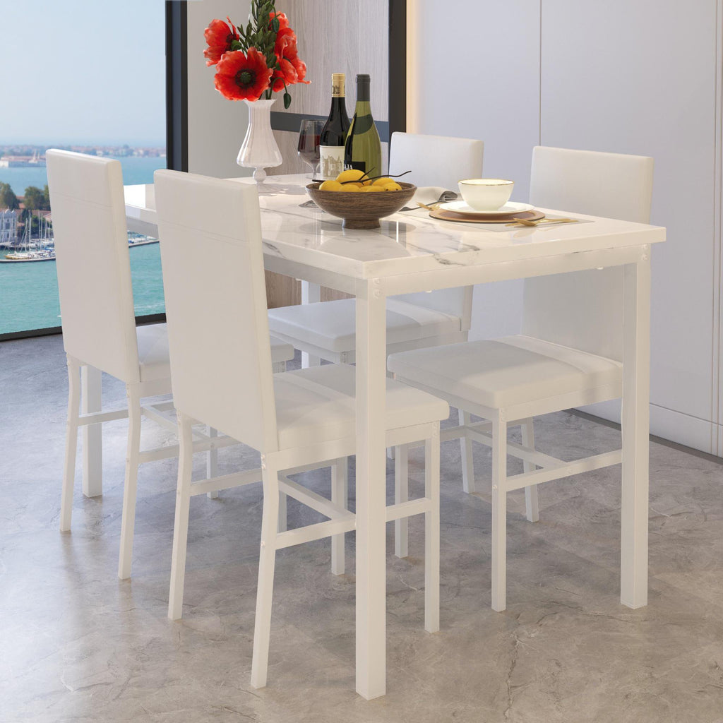 Dining Room Table Set for 4, Kitchen Table Set with 4 PU Upholstery Chairs, Modern Faux Marble Top Finish Dining Set for Bar, Breakfast Nook, White